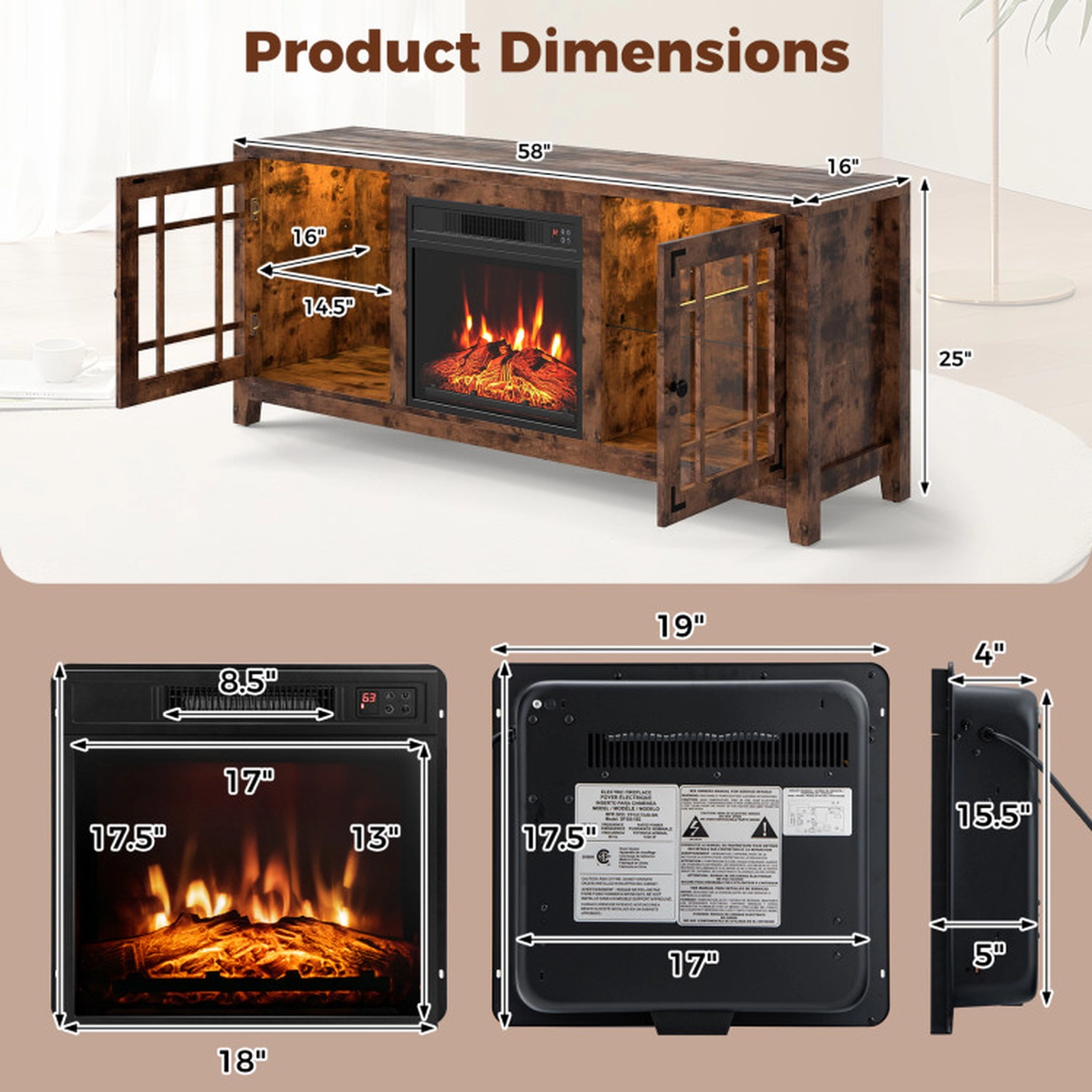 SUGIFT 58-In Rustic Brown Fireplace TV Stand, 5000 BTU, RGB LED Lights, 18-In Electric Fireplace