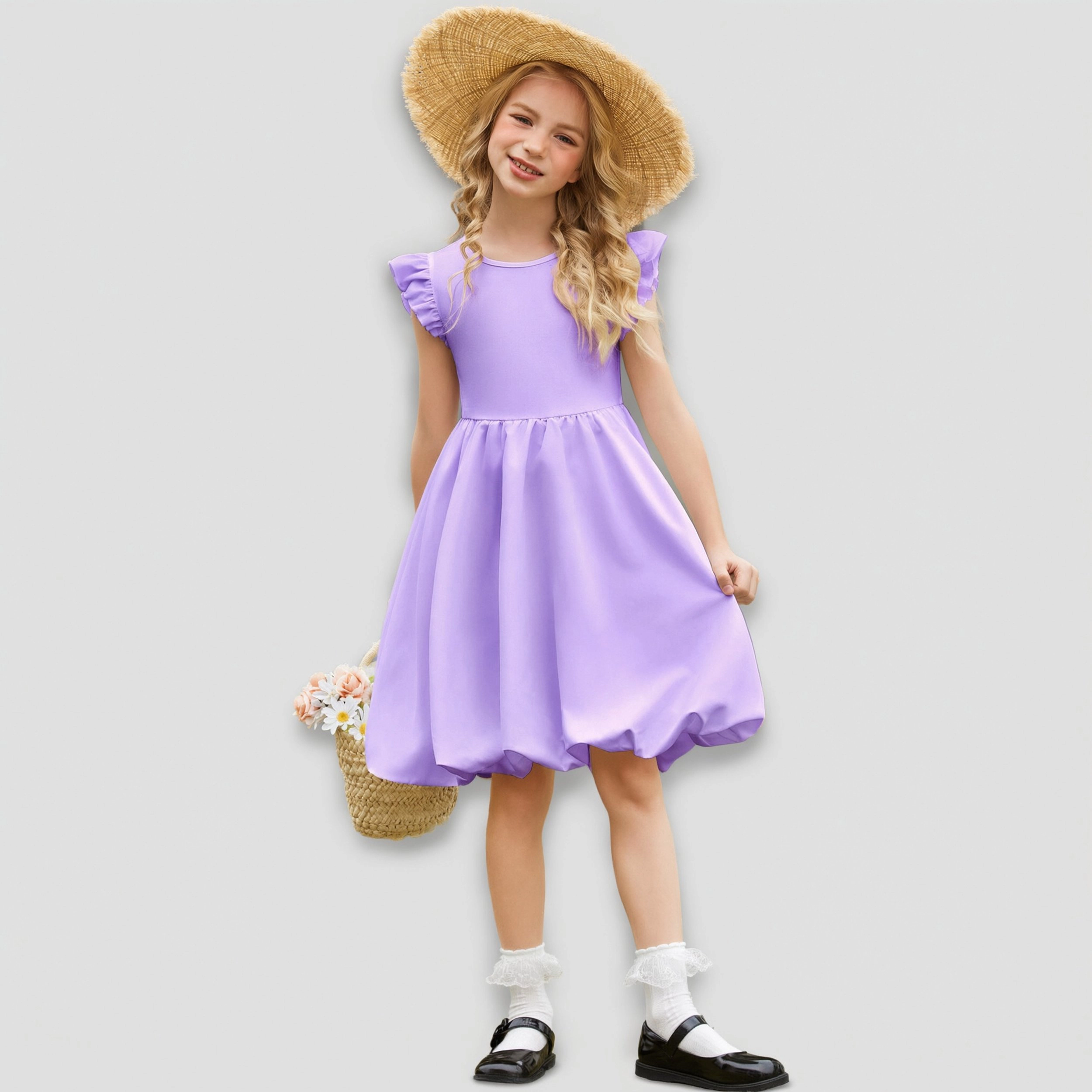 Arshiner Beach Dress For Girls Summer Easter Tween Boho Casual Ruffle Sleeve Bubble Puffy Midi