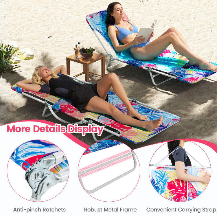 Hivvago 2 Pieces 5-Position Lay Flat Beach Recliner With Carry Strap And Metal Frame