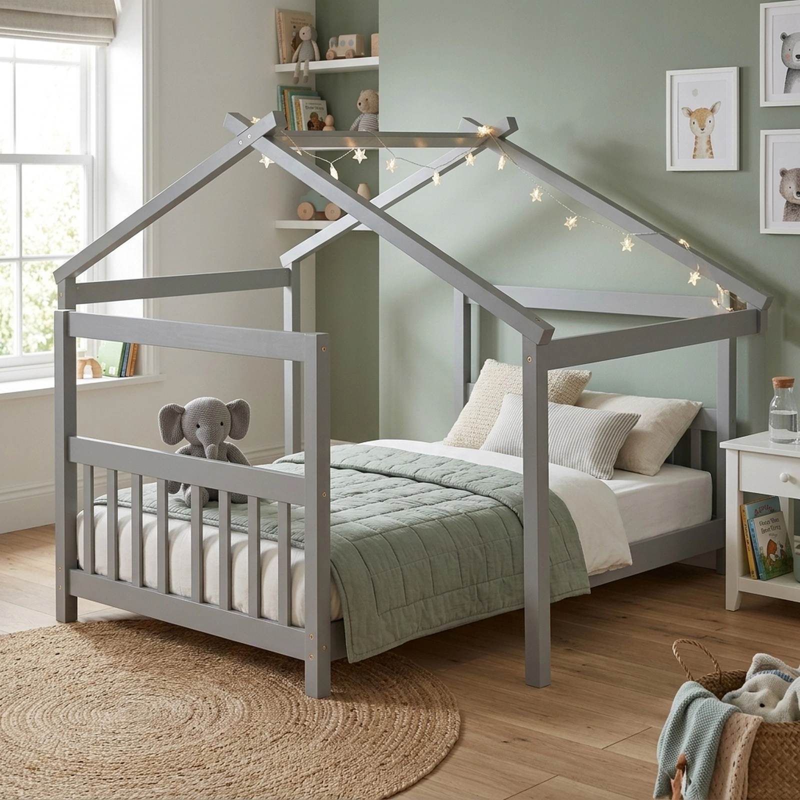 SUGIFT Twin House Bed Frame, Gray Wood Kids Platform Bed with Roof, Headboard, Footboard and 8 Slats