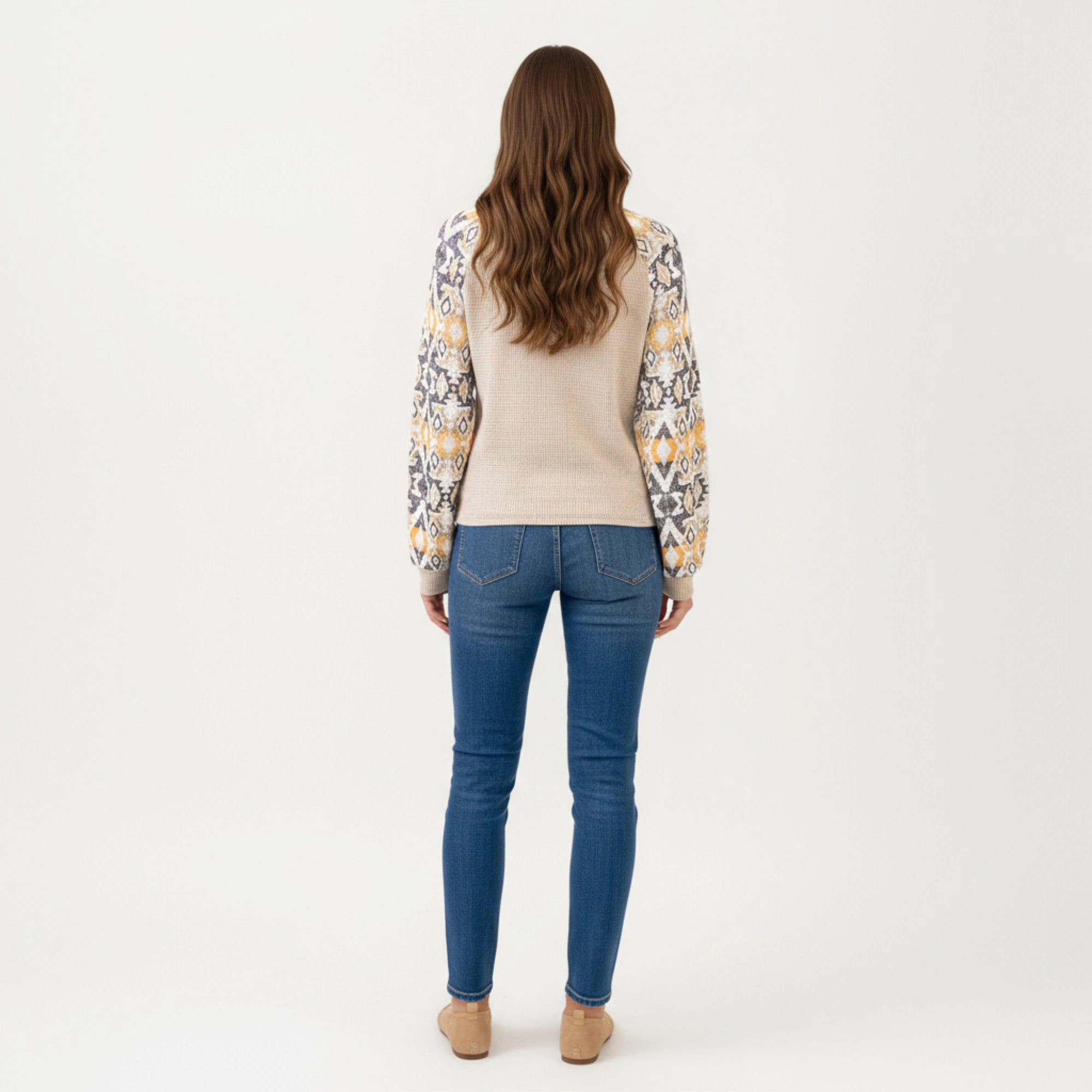 Anna-Kaci Women's Long Sleeve Knit Top with Geometric Pattern Sleeves Textured Body