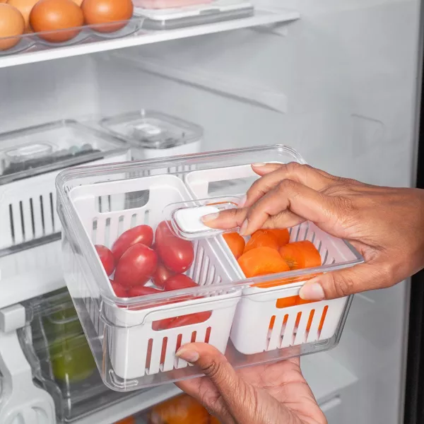 OU Clear Fridge Organizer Set, 4 Pack Stackable Produce Bins w/ Dual Removable Basket Drainers, BPA Free 74.3oz Capacity