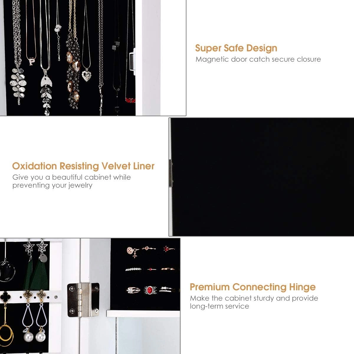 SUGIFT Full Length Mirror Jewelry Cabinet with Ring Slots and Necklace Hooks Wall or Over-the-Door Mount White