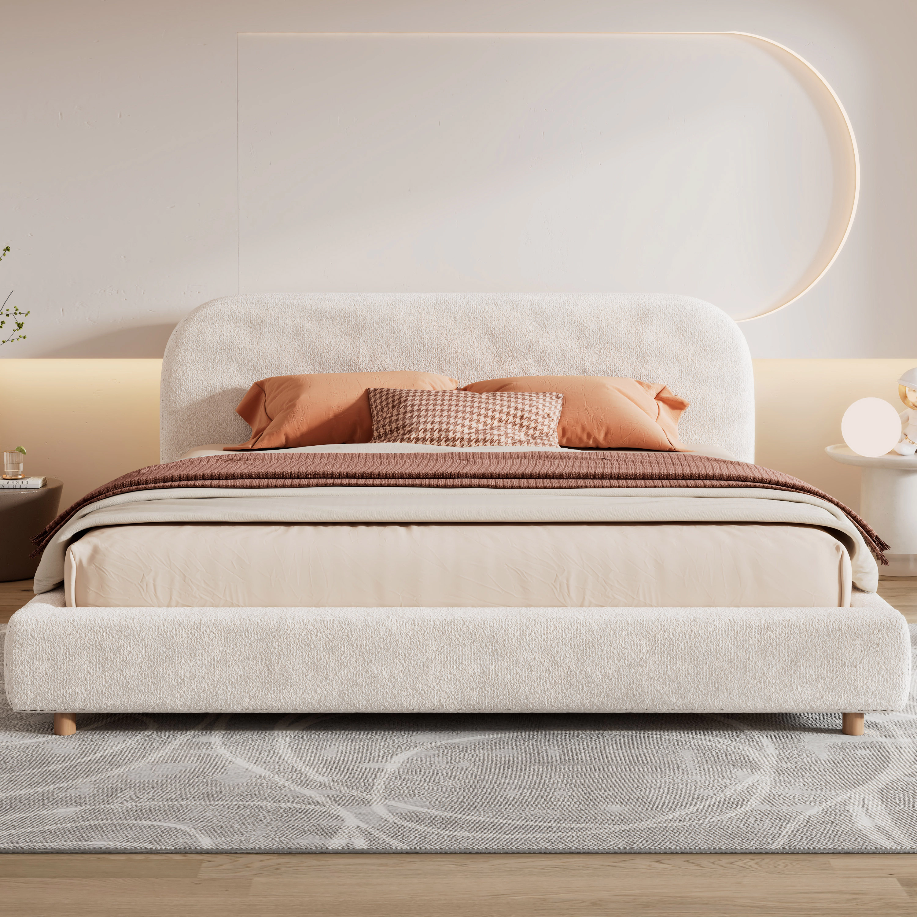 Flynama King Boucle Upholstered Platform Bed, Curved Headboard, White, Easy Assembly