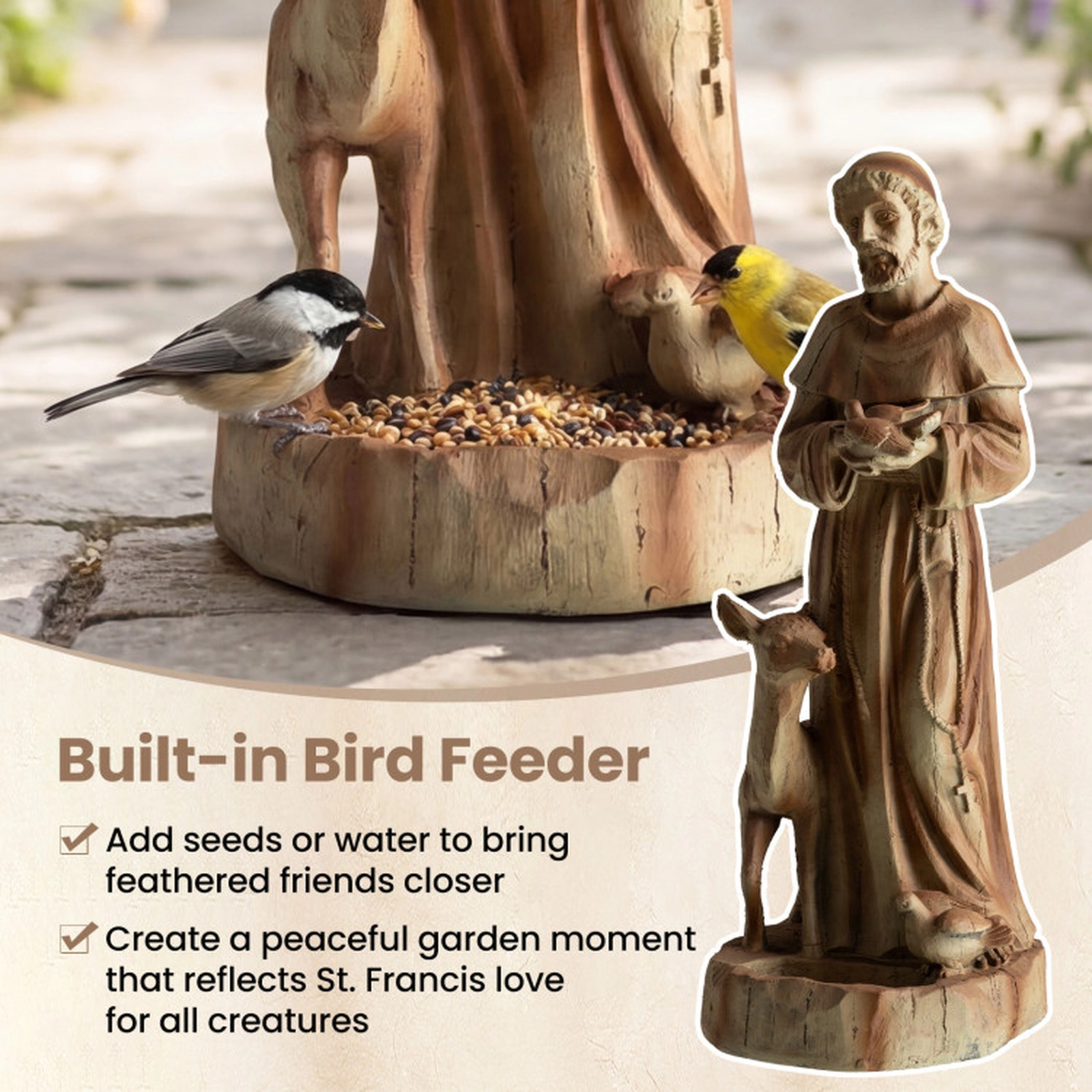 SUGIFT Rustic Brown St Francis of Assisi Garden Statue with Bird Feeder 10-in W 9-in D 24.5-in H