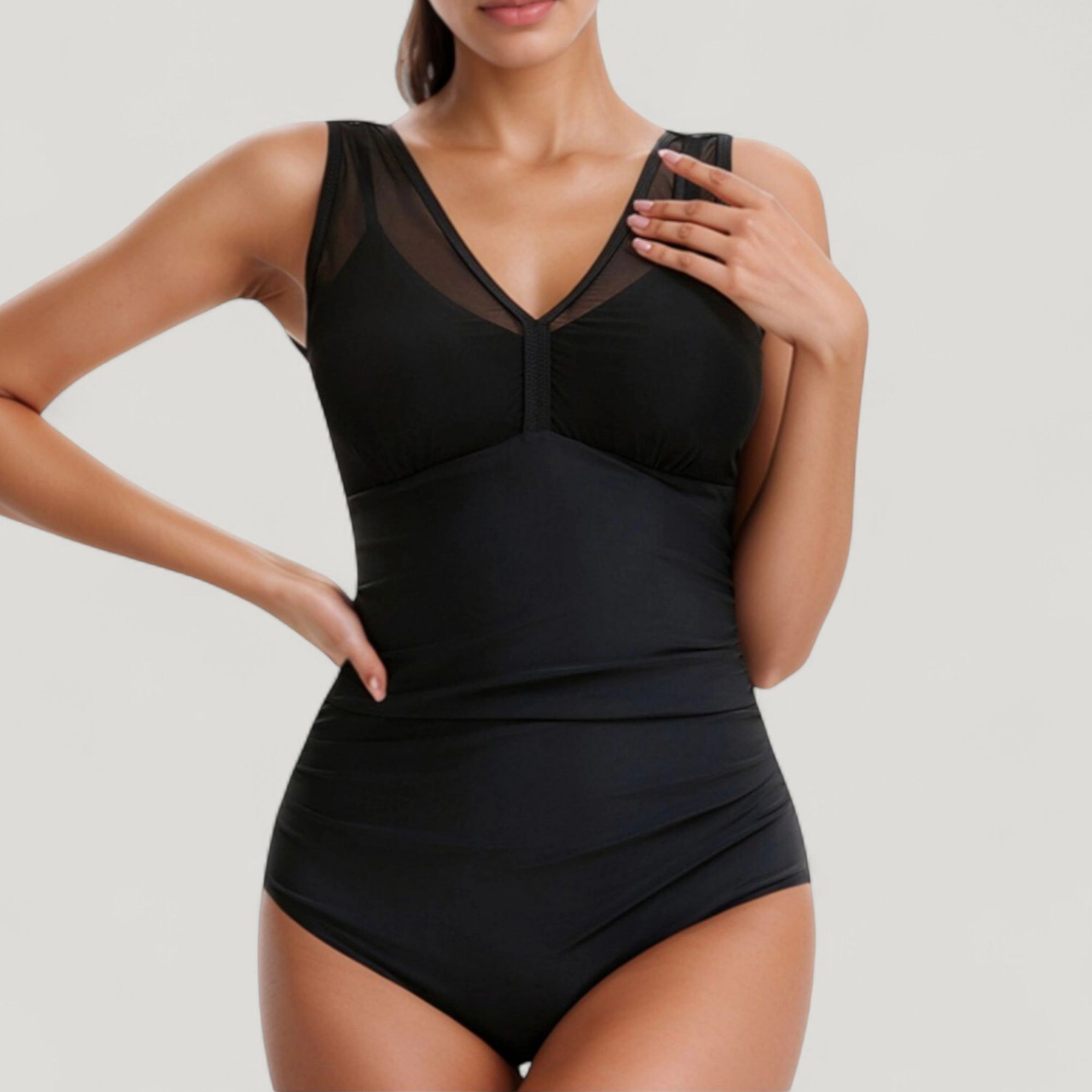 Anna-Kaci Women Mesh Insert V-Neck One Piece Swimsuit, Ruched Waist, Wide Shoulder Straps