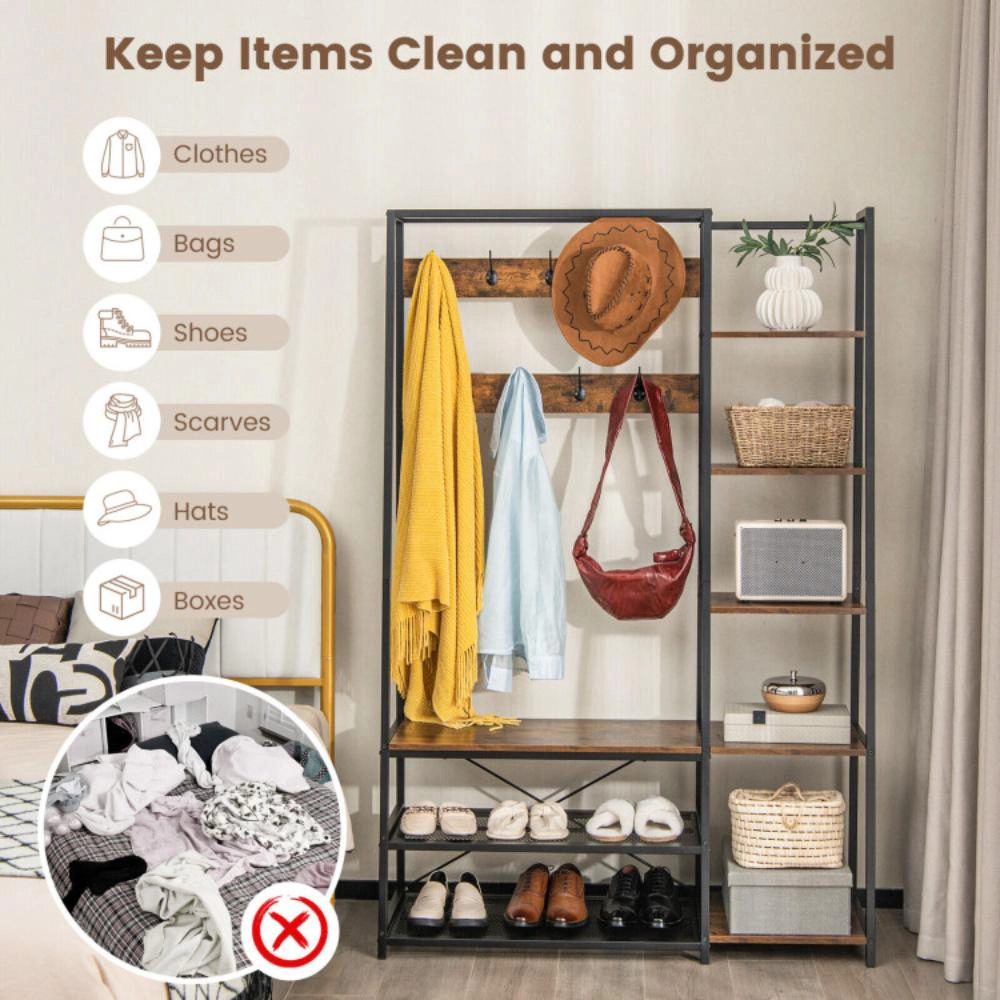 Hivvago 5-in-1 Entryway Hall Tree with Storage Bench with 9 Hooks-Rustic Brown