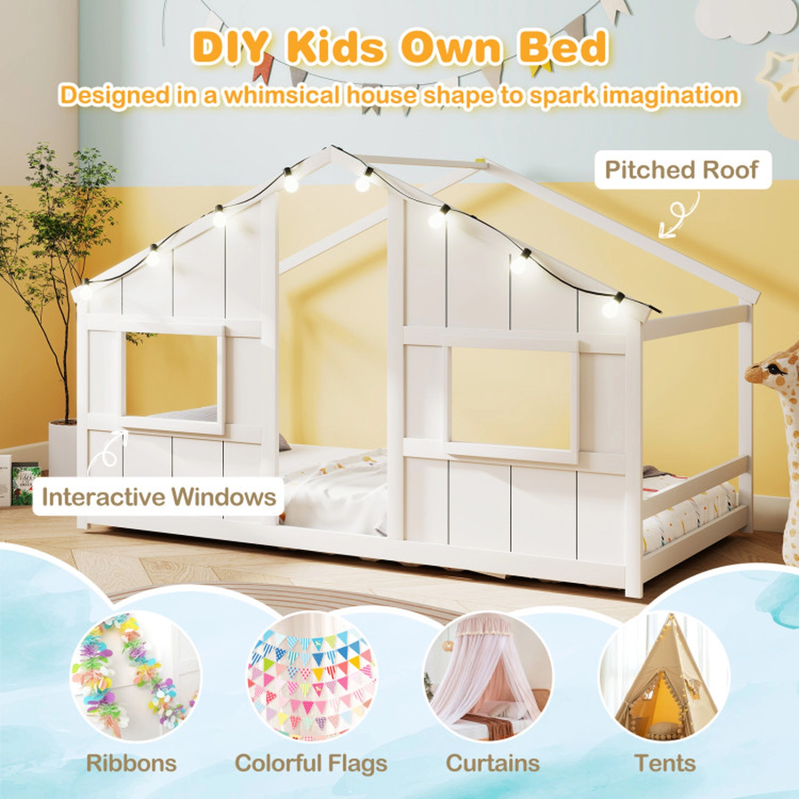 SUGIFT Twin Size White Solid Wood Montessori Kids House Floor Bed with 8 LED Lights Windows and Doorway