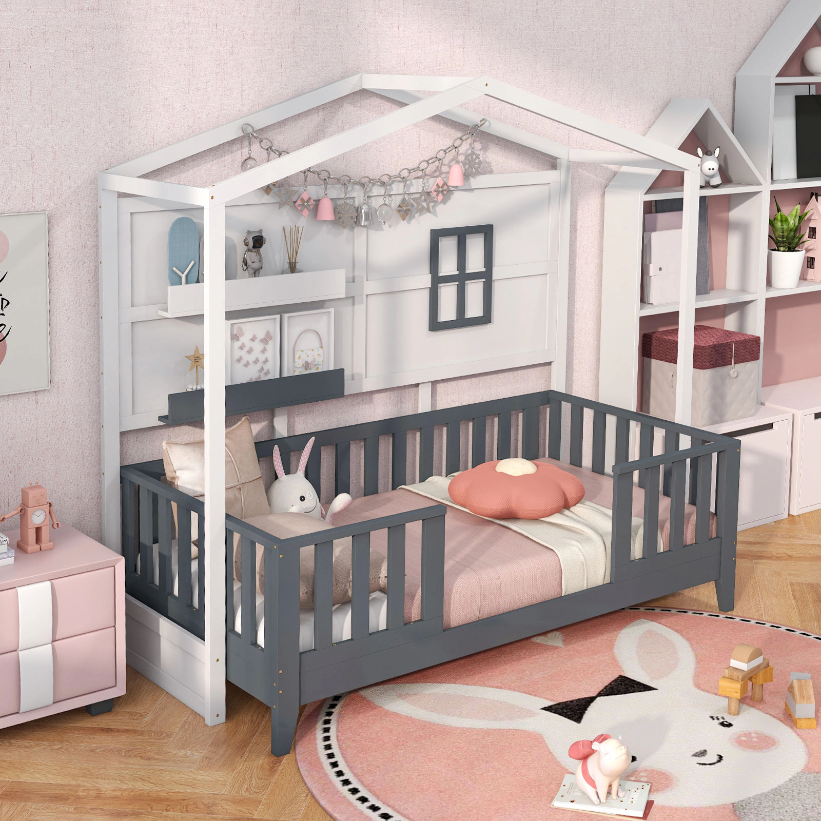 SUGIFT White and Gray 2 Shelves and 16-in Guardrails Twin Kids Wood House Montessori Floor Bed