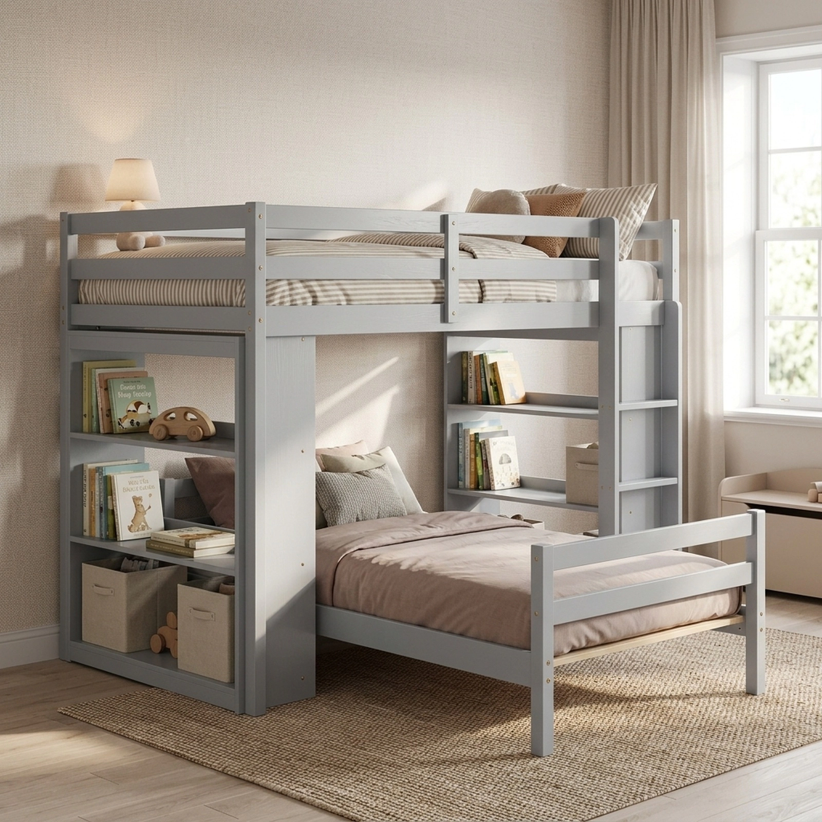 SUGIFT Twin-Over-Twin Loft Bunk Bed with 4-Tier Bookcase, Gray