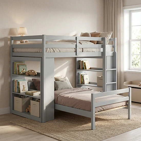 SUGIFT Twin-Over-Twin Loft Bunk Bed with 4-Tier Bookcase, Gray