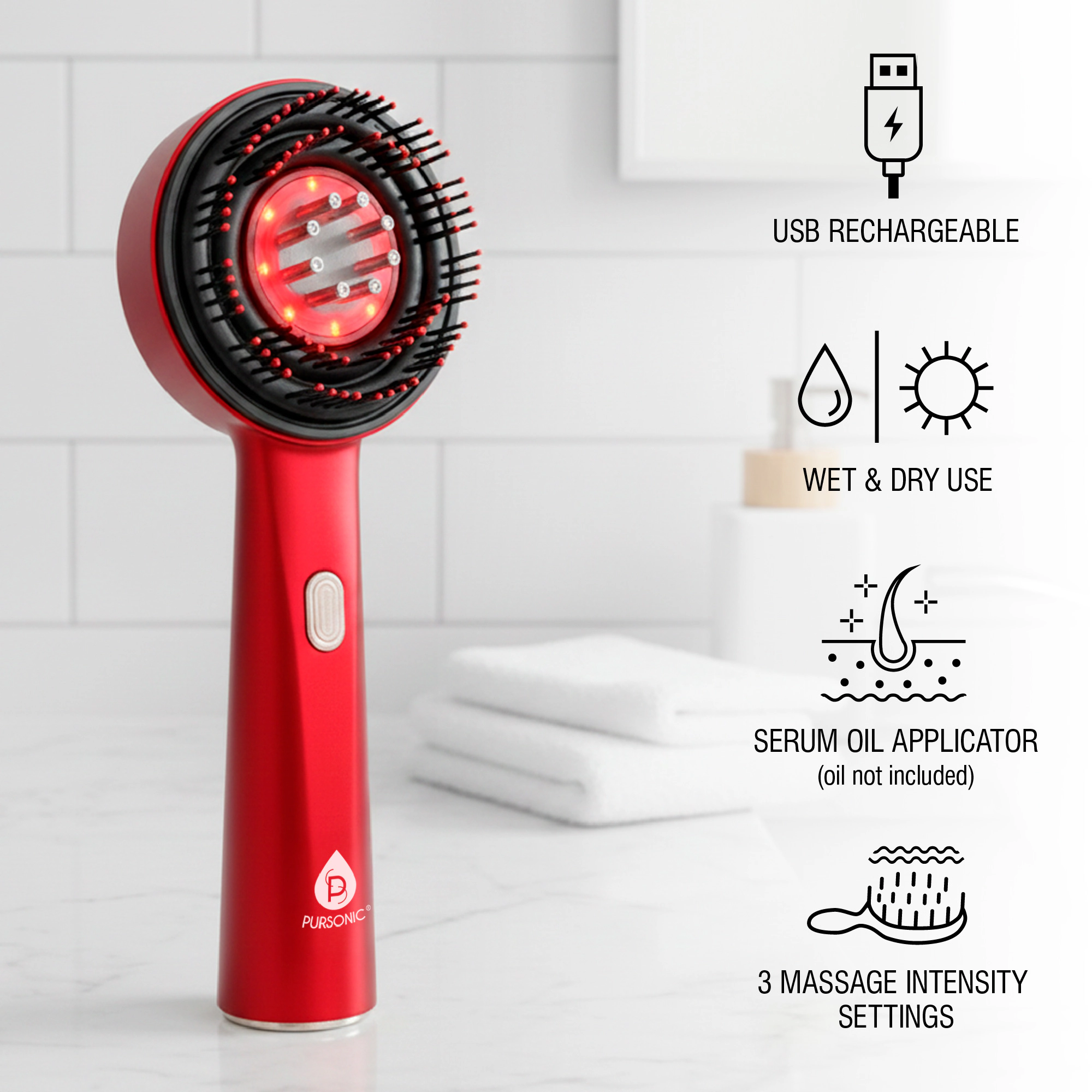 Pursonic Unisex Hair & Beauty Wellness Bundle: LED Therapy Brush, Castor Oil & Sweet Almond Oil