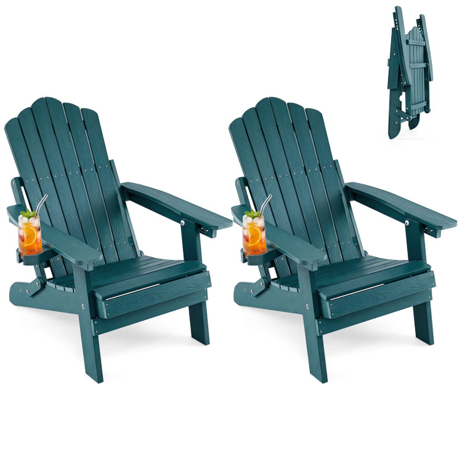 SUGIFT Set of 2 Outdoor Adirondack Chairs with 5-Level Backrest and Swivel Cup Holder 330-Lb Capacity Green HIPS Frame