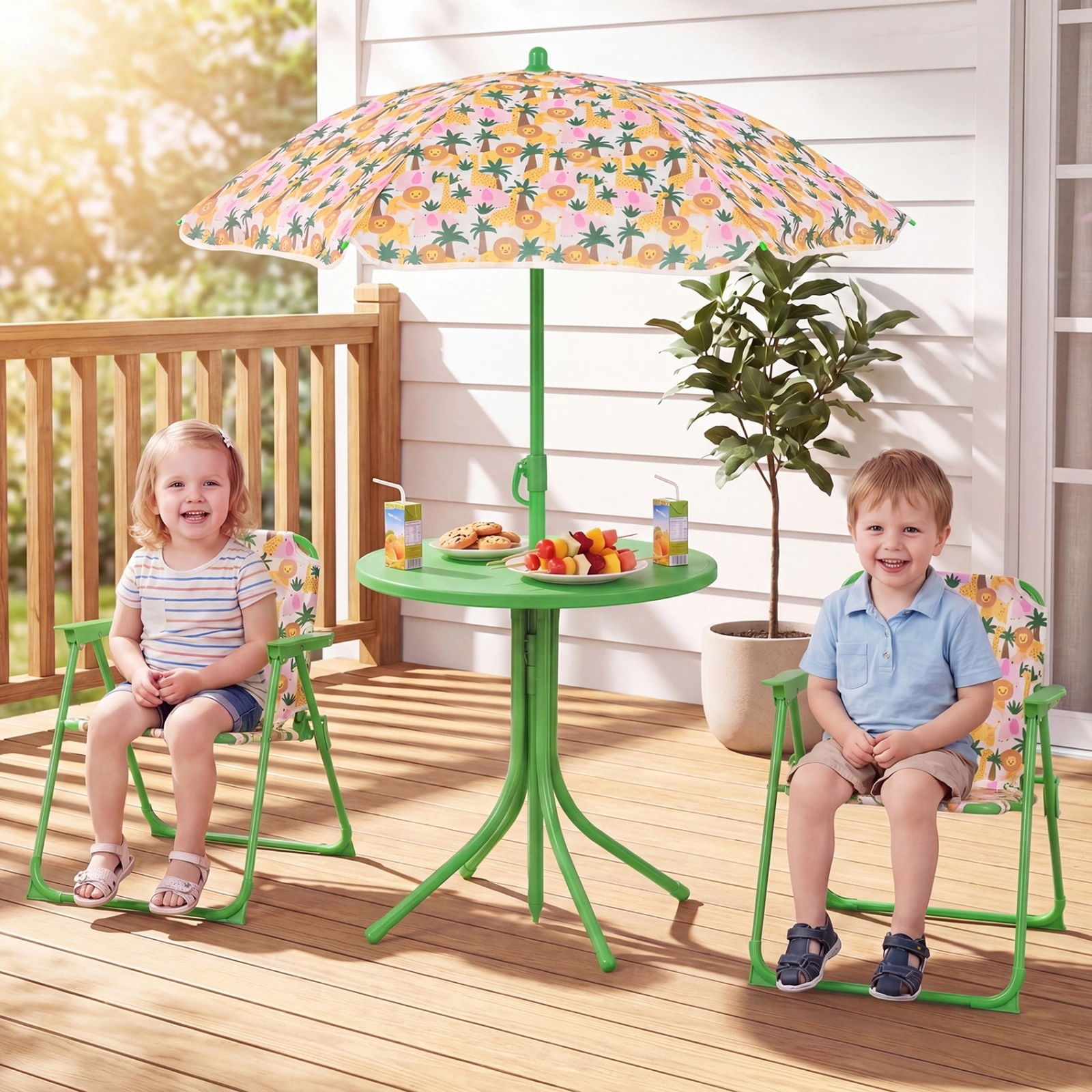 SUGIFT Kids Outdoor Table & Chair Set with 2 Folding Chairs & Height Adjustable Umbrella 165-lb Chair Capacity Ages 3-6