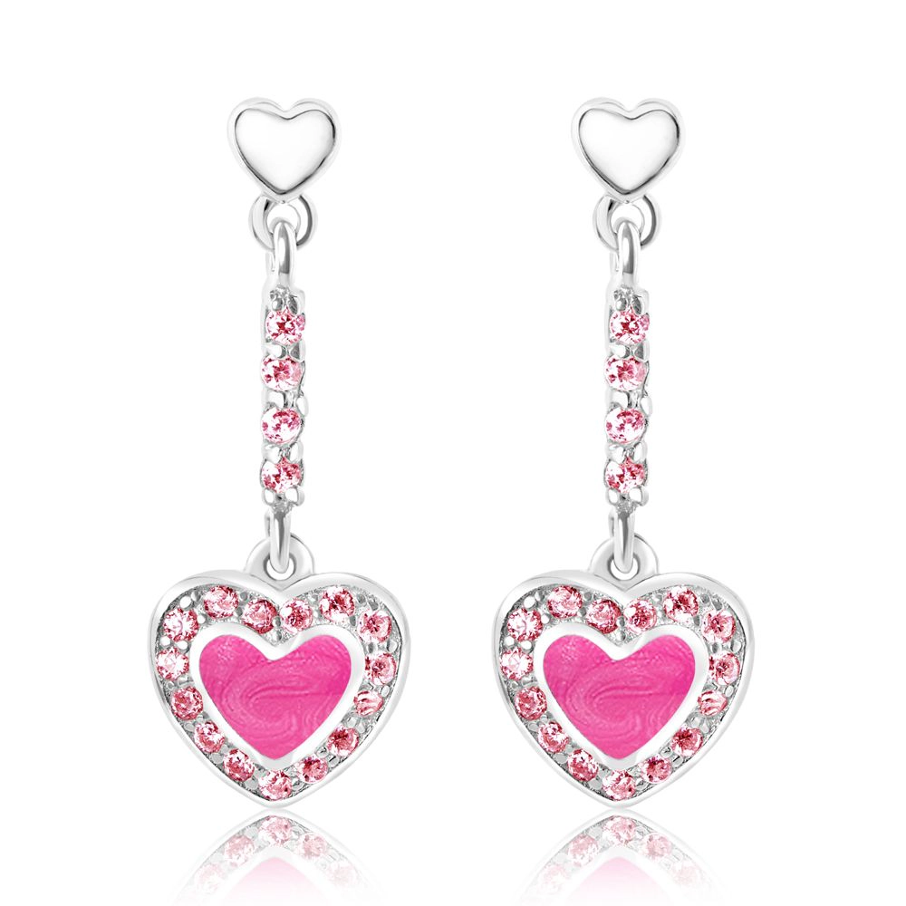 CHANTEUR Kids Pink Enamel Heart Drop Earrings - Sterling Silver Posts, Silver-Plated Brass, Pink Cubic Zirconia