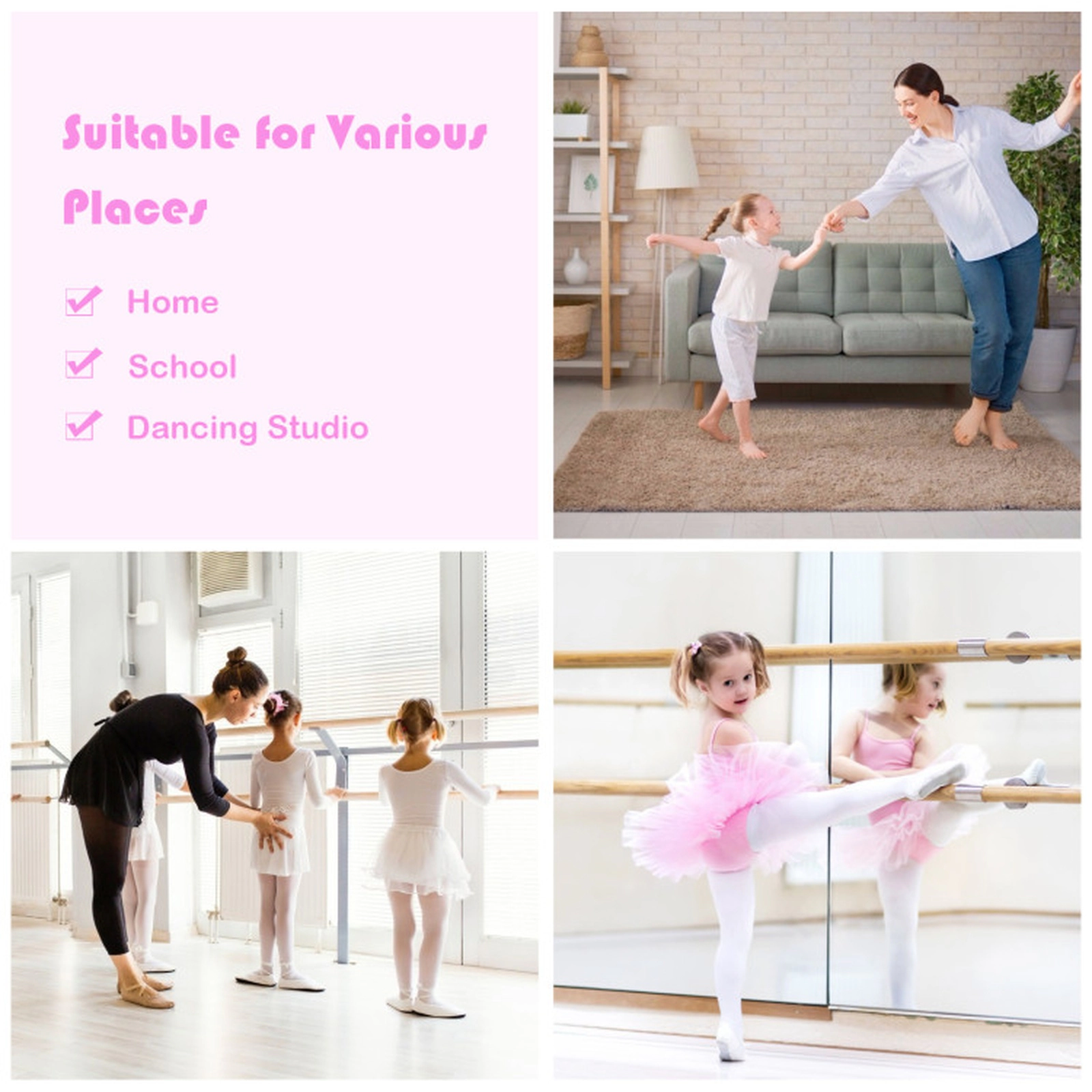 SUGIFT Pink 4-ft 220-lb Capacity 7-in to 46-in Height Adjustable Double Ballet Barre Bar with Anti-Skid Pads