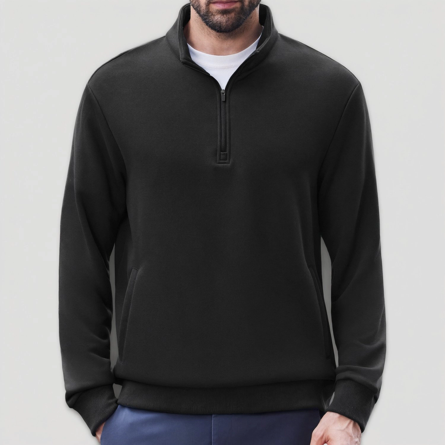 Pinspark Mens Solid Quarter Zip Pullover Long Sleeve Mock Neck Casual Fall Tops