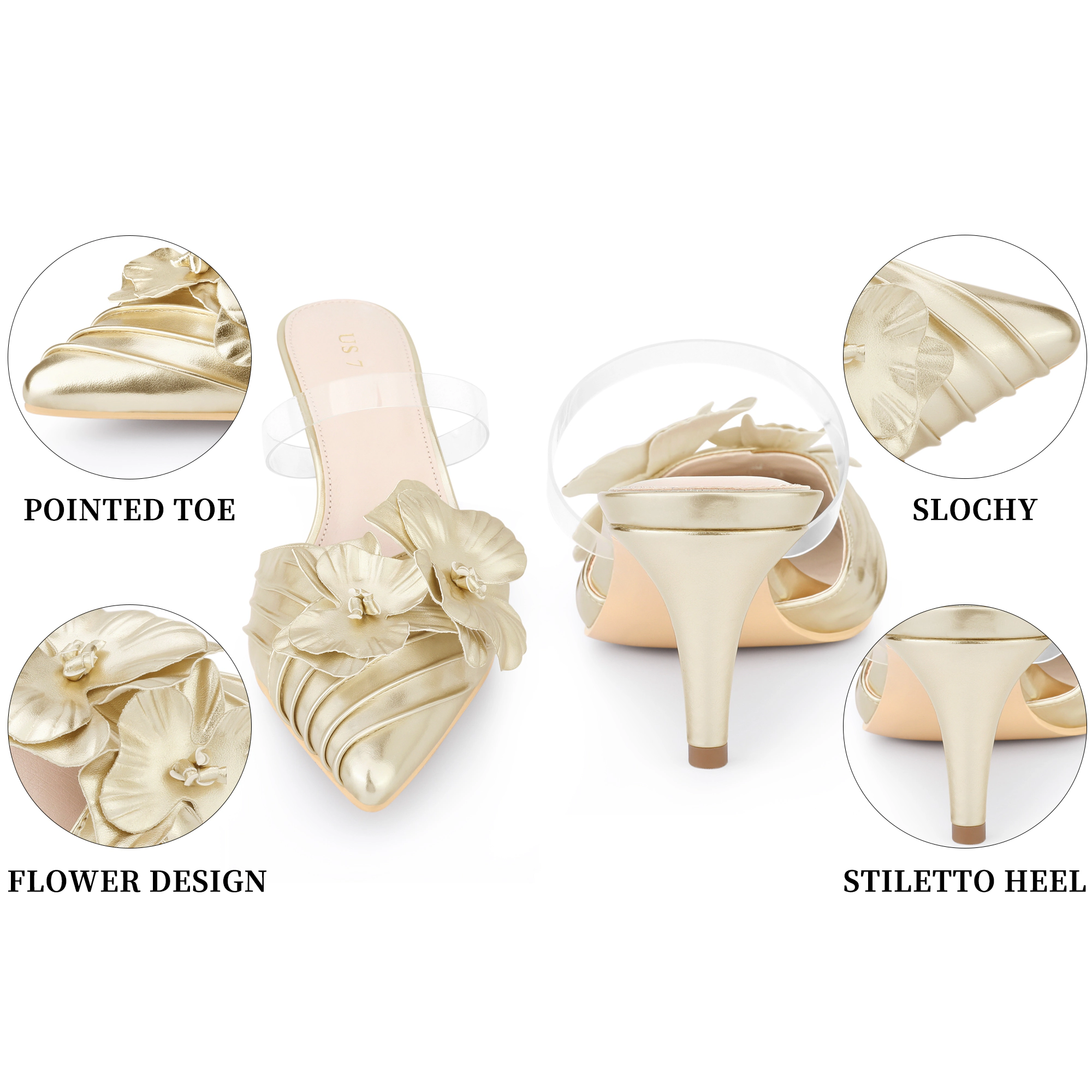 BLISSFUL STEP Women's Faux Leather Flower Pointed Toe Slip-on Heel Mules Dress Pumps