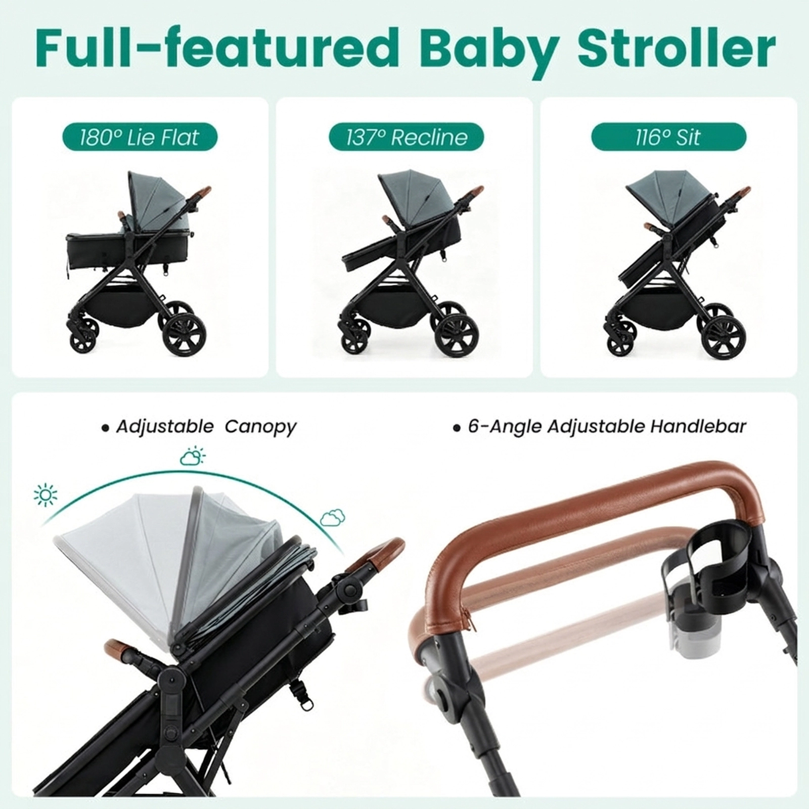 SUGIFT Turquoise 33-lb Capacity 2-in-1 Convertible Baby Stroller with Reclining Seat and Car Seat Adapters