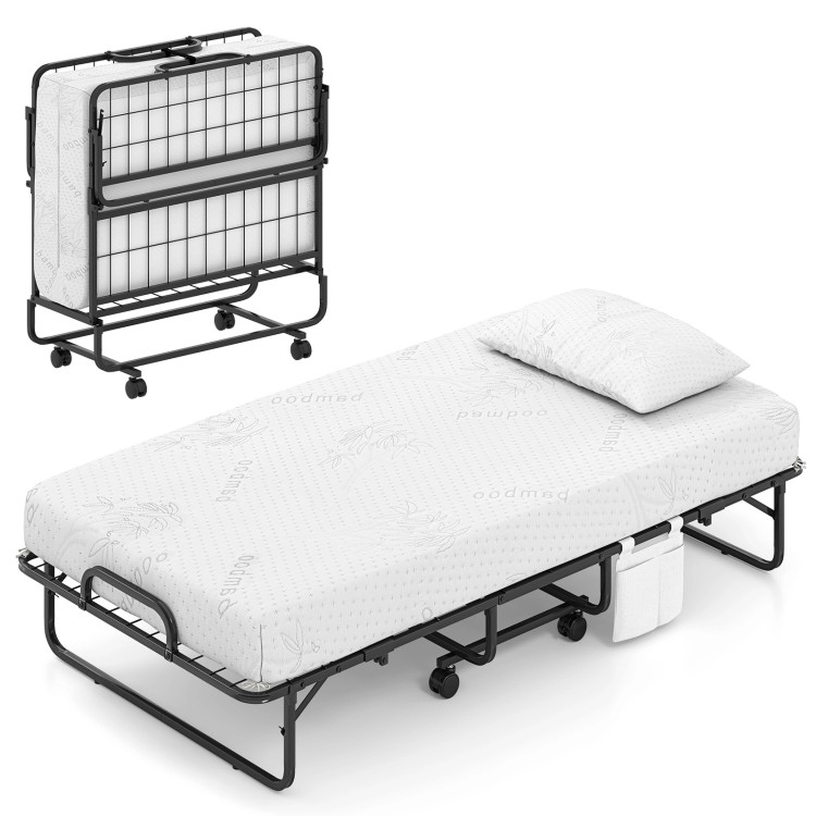 SUGIFT Twin Size Folding Portable Bed with 5-in Mattress 480-lb Capacity White Mattress Black Frame 75-in Long