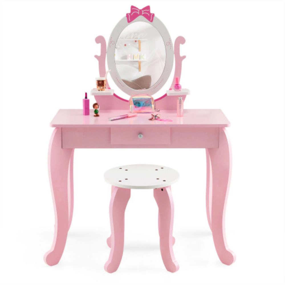 Hivvago Kid Vanity Table Stool Set With Oval Rotatable Mirror-Pink