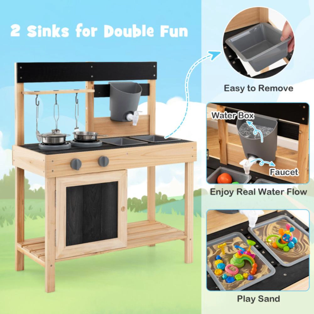 Hivvago Mud Kitchen Playset Kids Play Kitchen Outdoor with 2 Removable Sinks-Natural