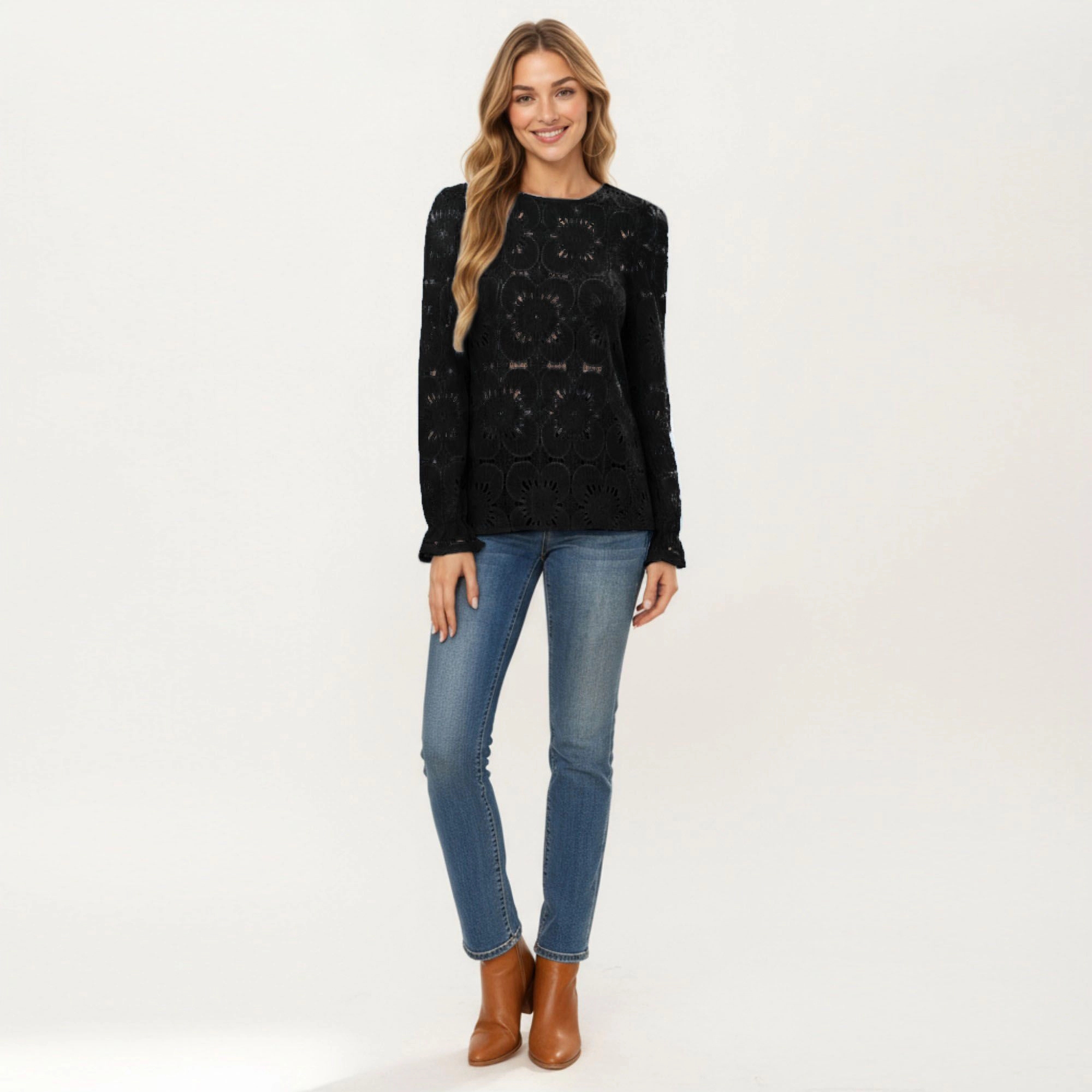 Anna-Kaci Women's Floral Lace Openwork Ruffle Cuff Long Sleeve Top