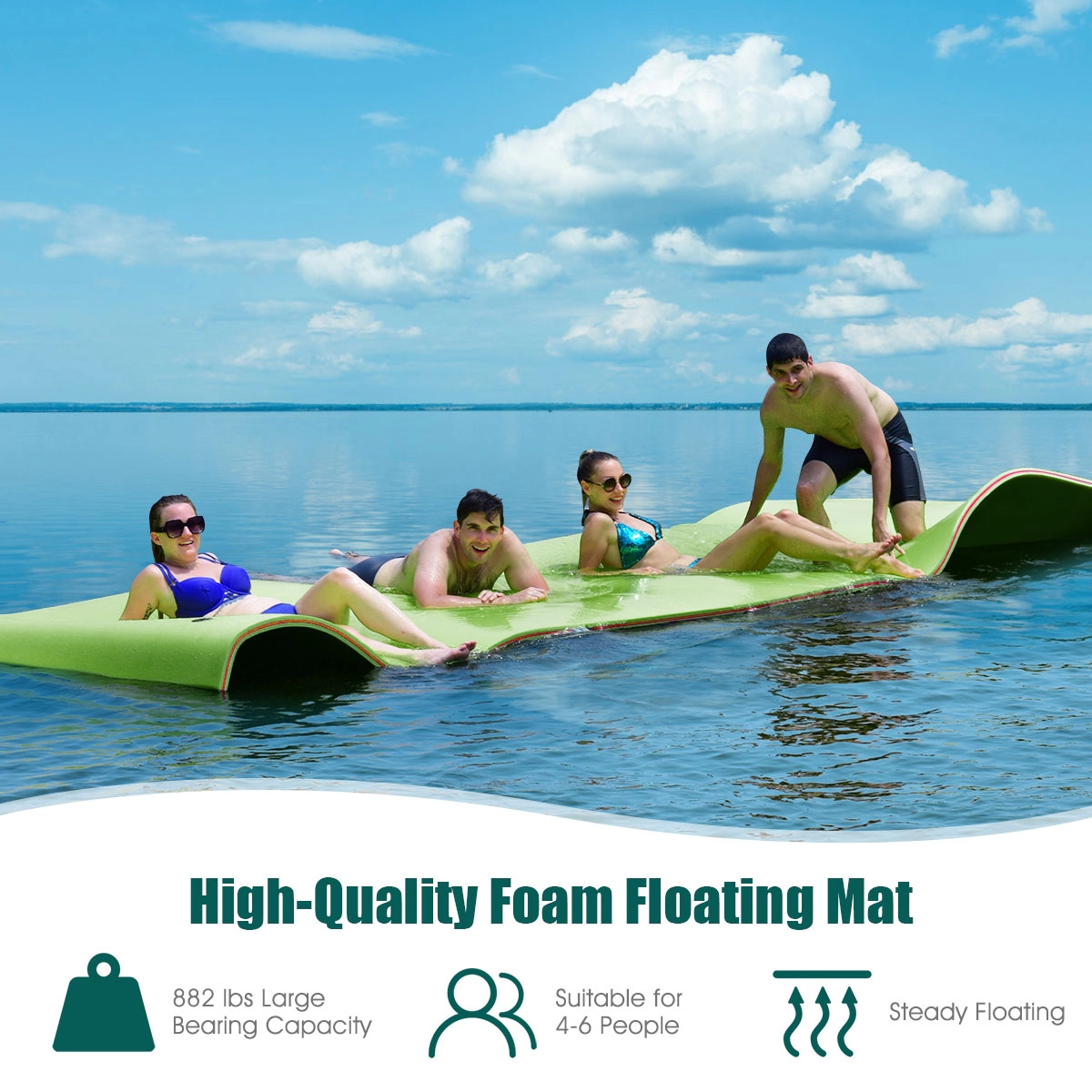 SUGIFT 12-ft x 6-ft 882-lb Capacity Green 3-Layer XPE Foam Floating Water Pad with 13-ft Bungee Tether