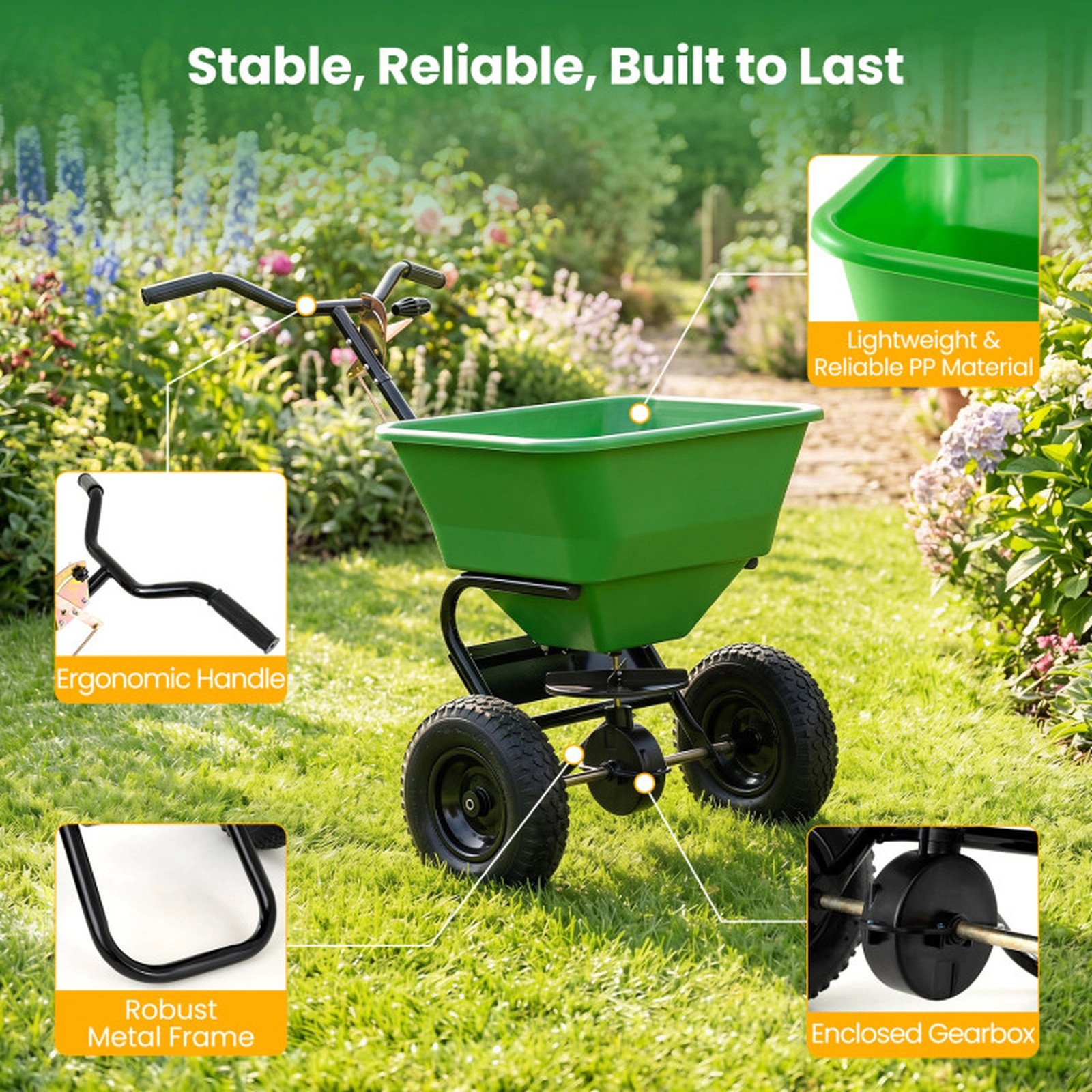 SUGIFT 66-lb Walk-Behind Broadcast Spreader for Grass Seed Fertilizer and Salt with 13-in Pneumatic Tires
