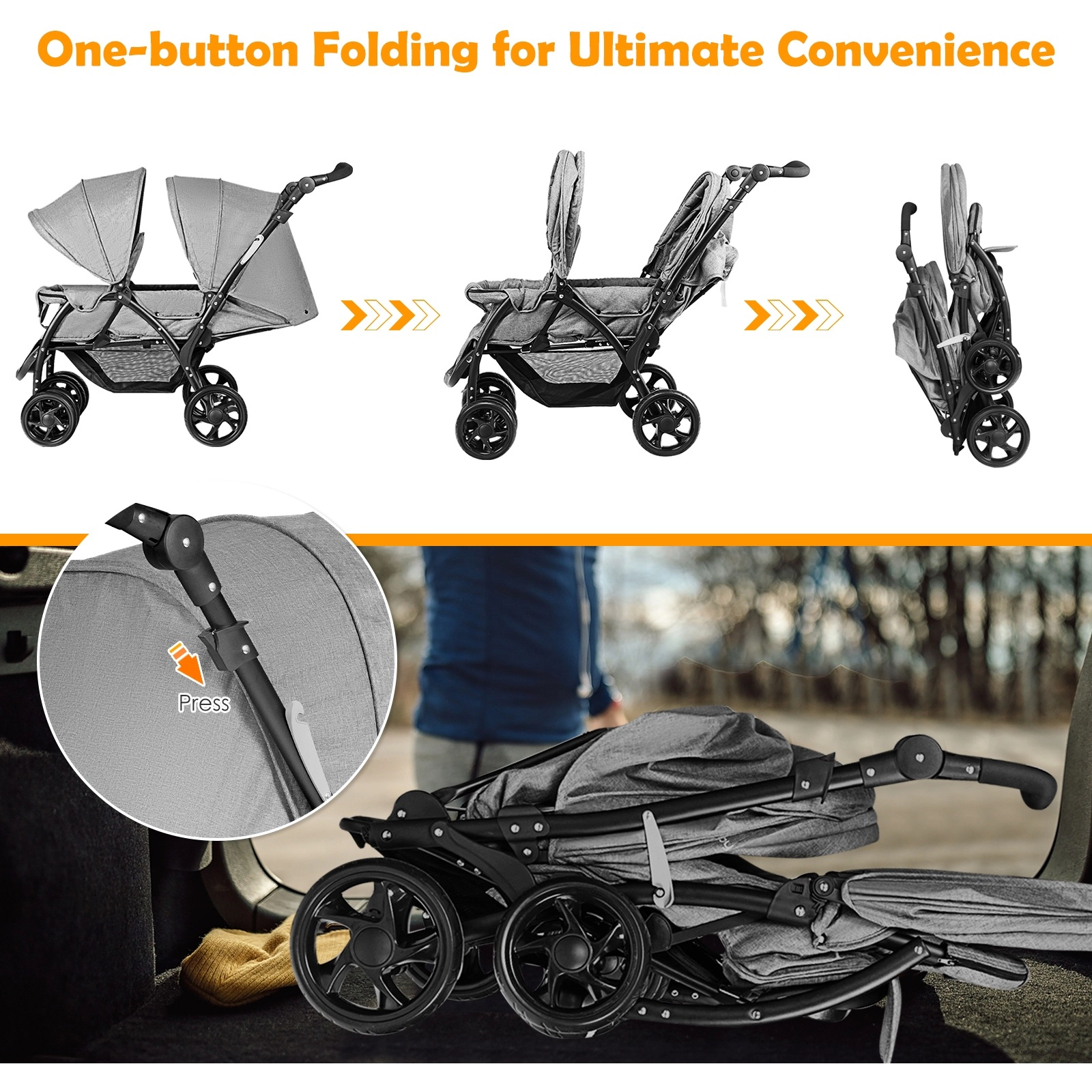SUGIFT Foldable Lightweight Front Back Double Baby Stroller 33-lb Capacity Per Seat Ages 6-36 Months Gray/Black