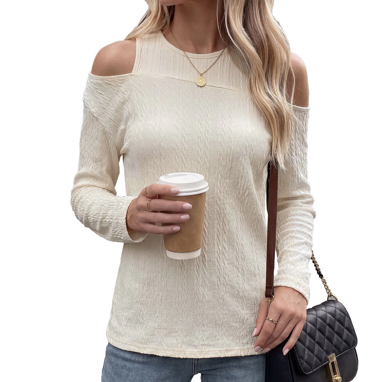 Enchanted Funland Women's Cold Shoulder Round Neck Cut Out Long Sleeve Shirts