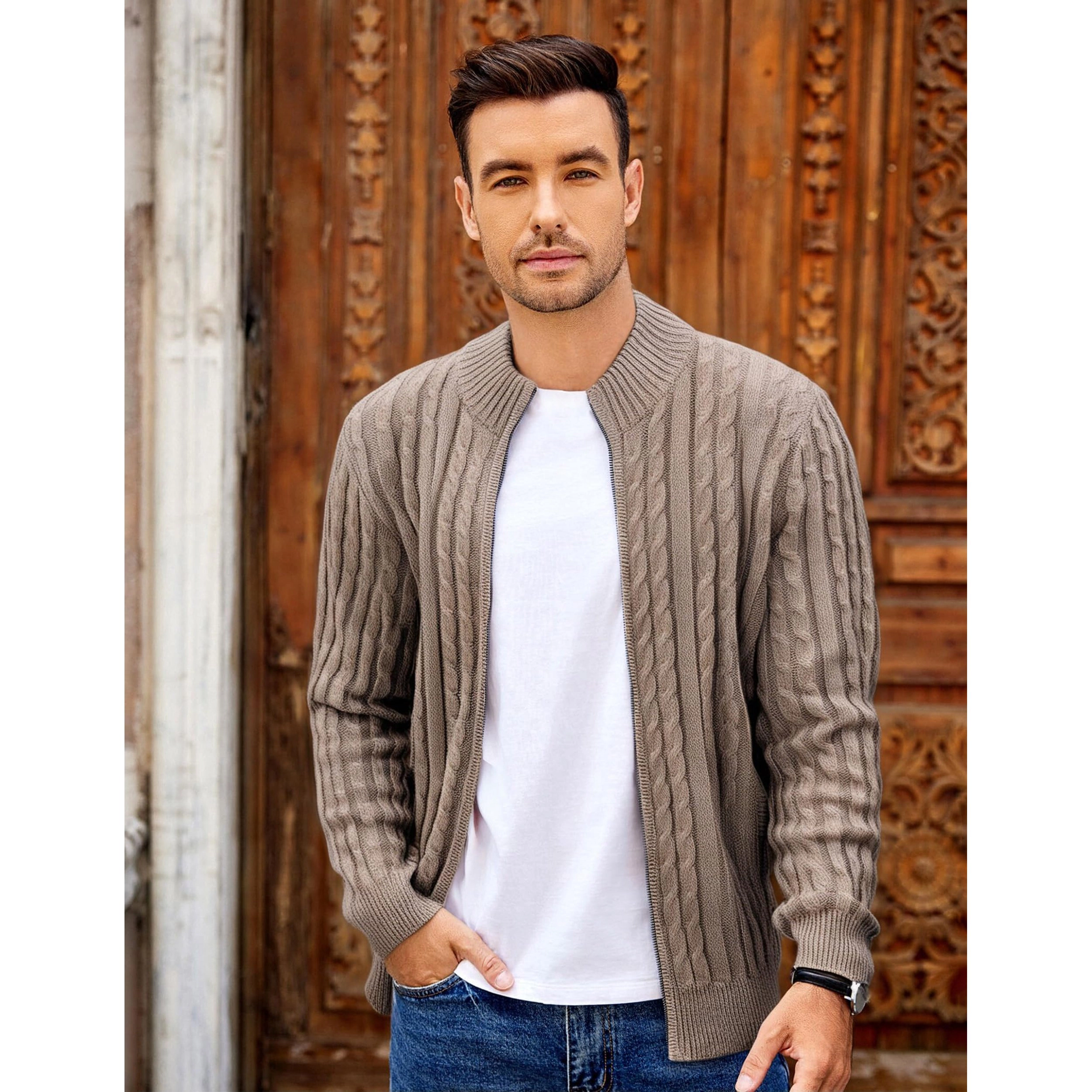 COOFANDY Men's Regular Fit Mock Neck Full Zip Cardigan Sweater
