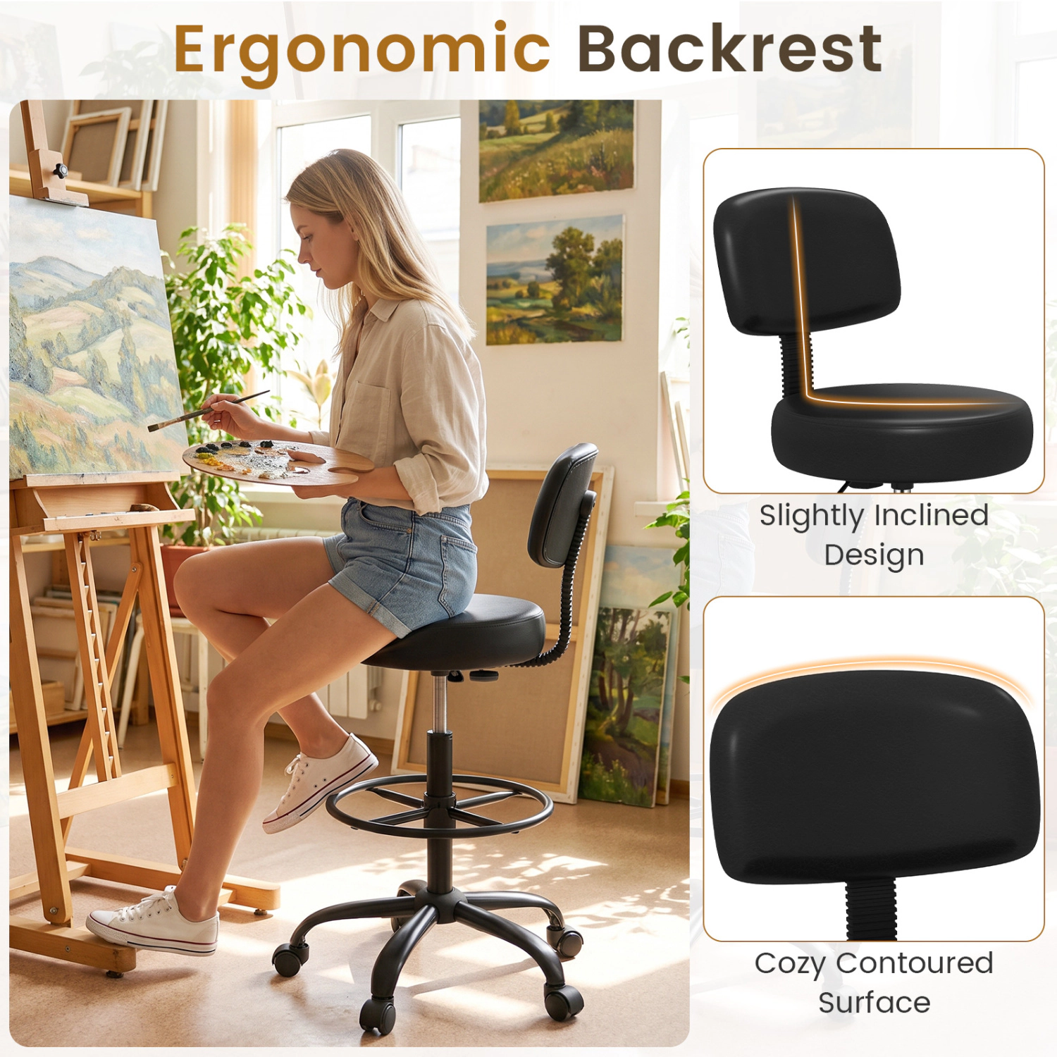 LJG Office Drafting Chair with Back & Adjustable Footring and Wheels for Desk