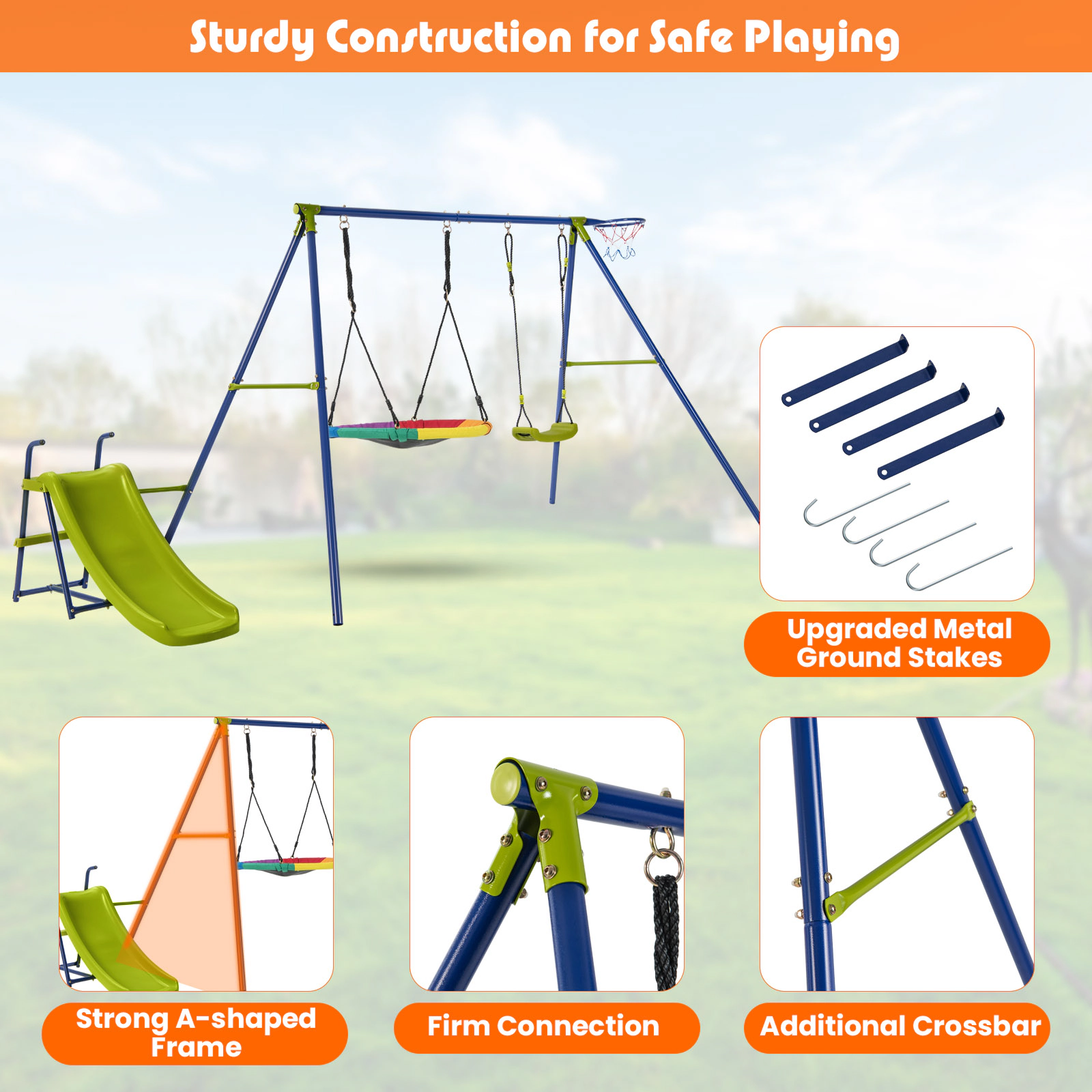 SUGIFT 4-in-1 Heavy-Duty Metal Kids Playset with Slide 32.5-in Saucer Swing Belt Swing and Basketball Hoop