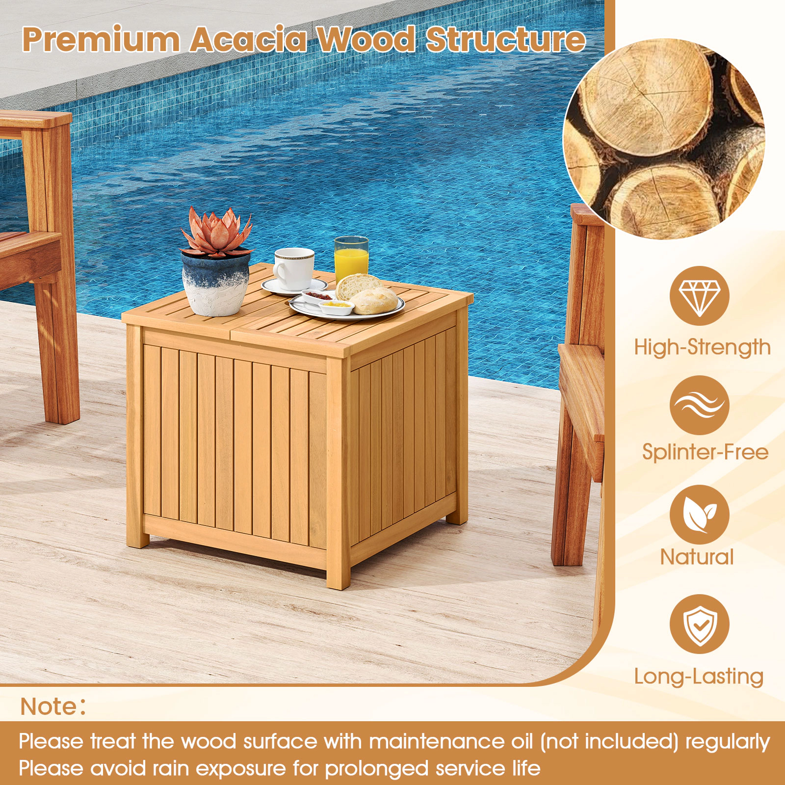 SUGIFT Storage Box and Umbrella Hole Natural 2-in-1 Outdoor Acacia Wood Side Table