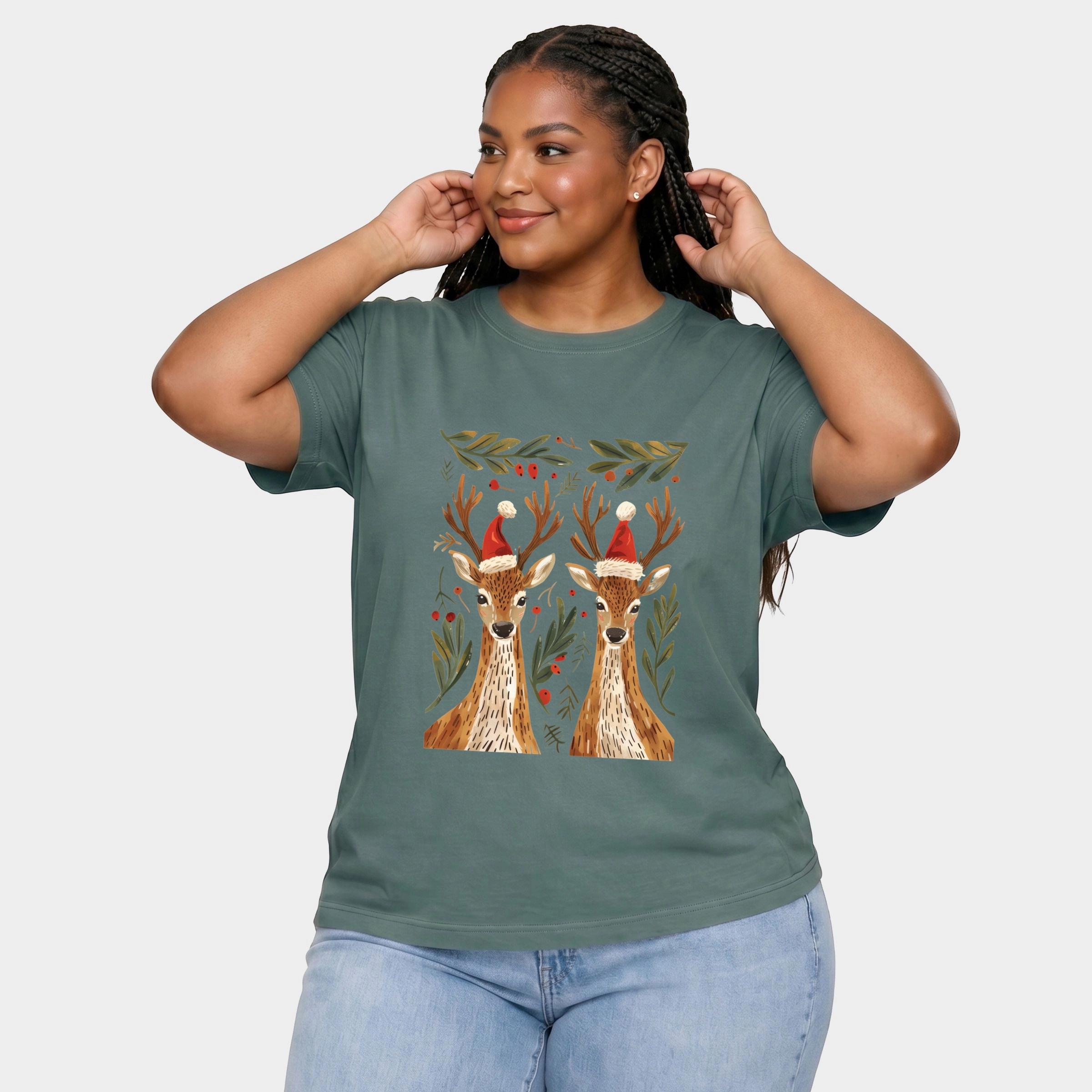 Simply Sage Market - Women's Plus Sized Garment Dyed Graphic T-Shirt Christmas Deer Pair