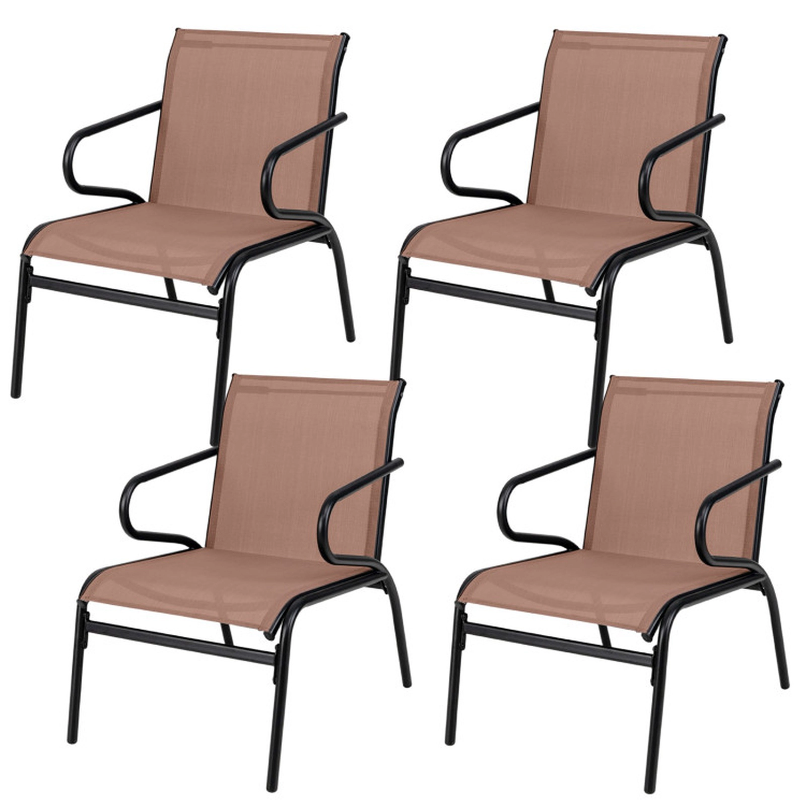 SUGIFT Coffee Breathable Fabric Metal Frame and Curved Armrests Set of 4 Patio Dining Chairs
