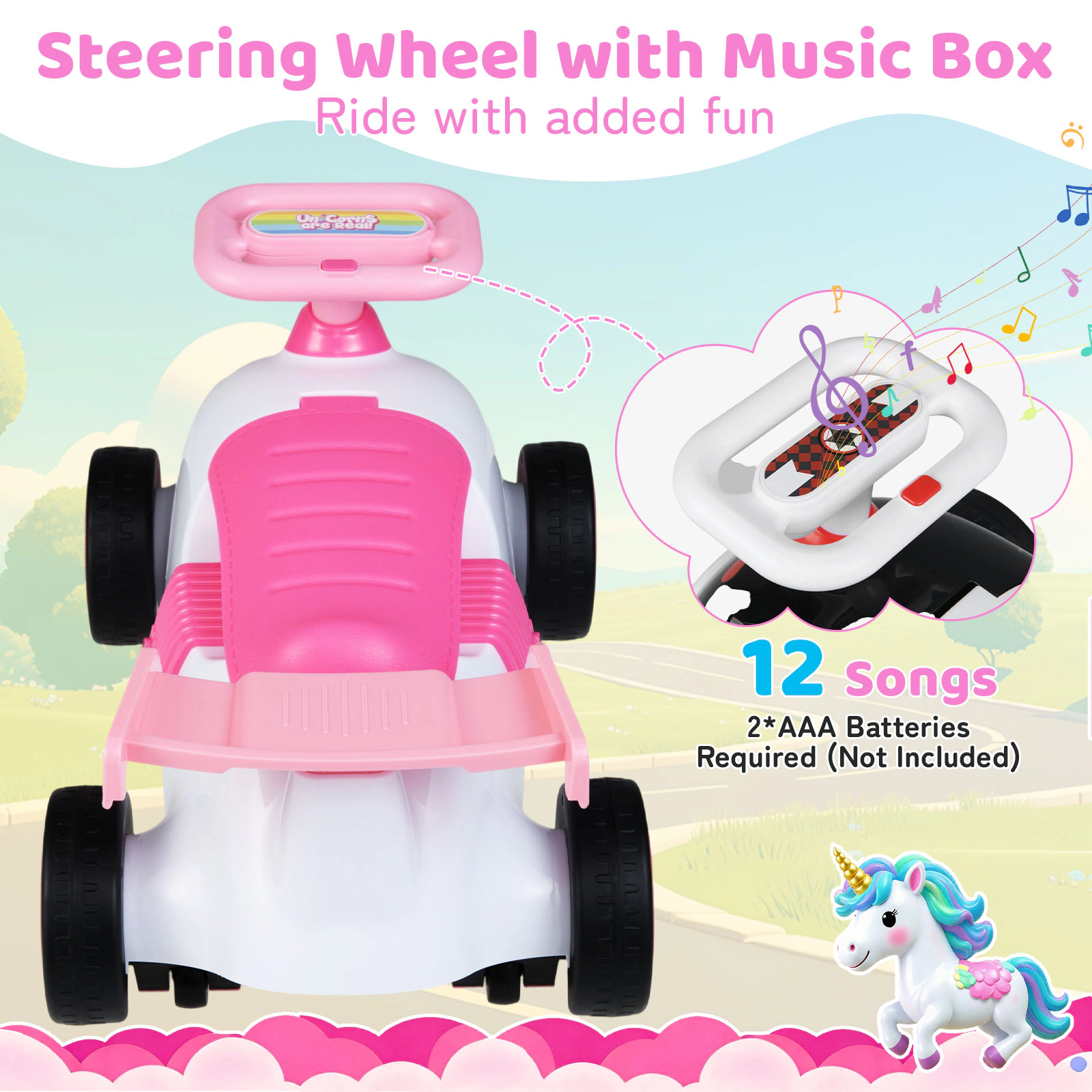 SUGIFT Kids Ride On Car Sliding Toy with Music and Under-Seat Storage 33-lb Capacity Ages 19-36 Months Pink & White
