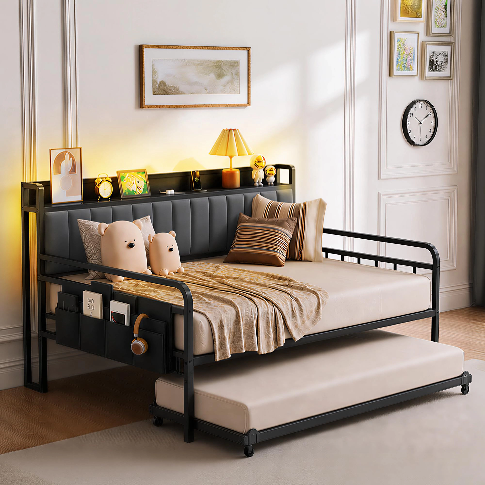 Metal Daybed with Trundle, Upholstered Storage Headboard, Charging Station, LED Lights and Lockable Casters
