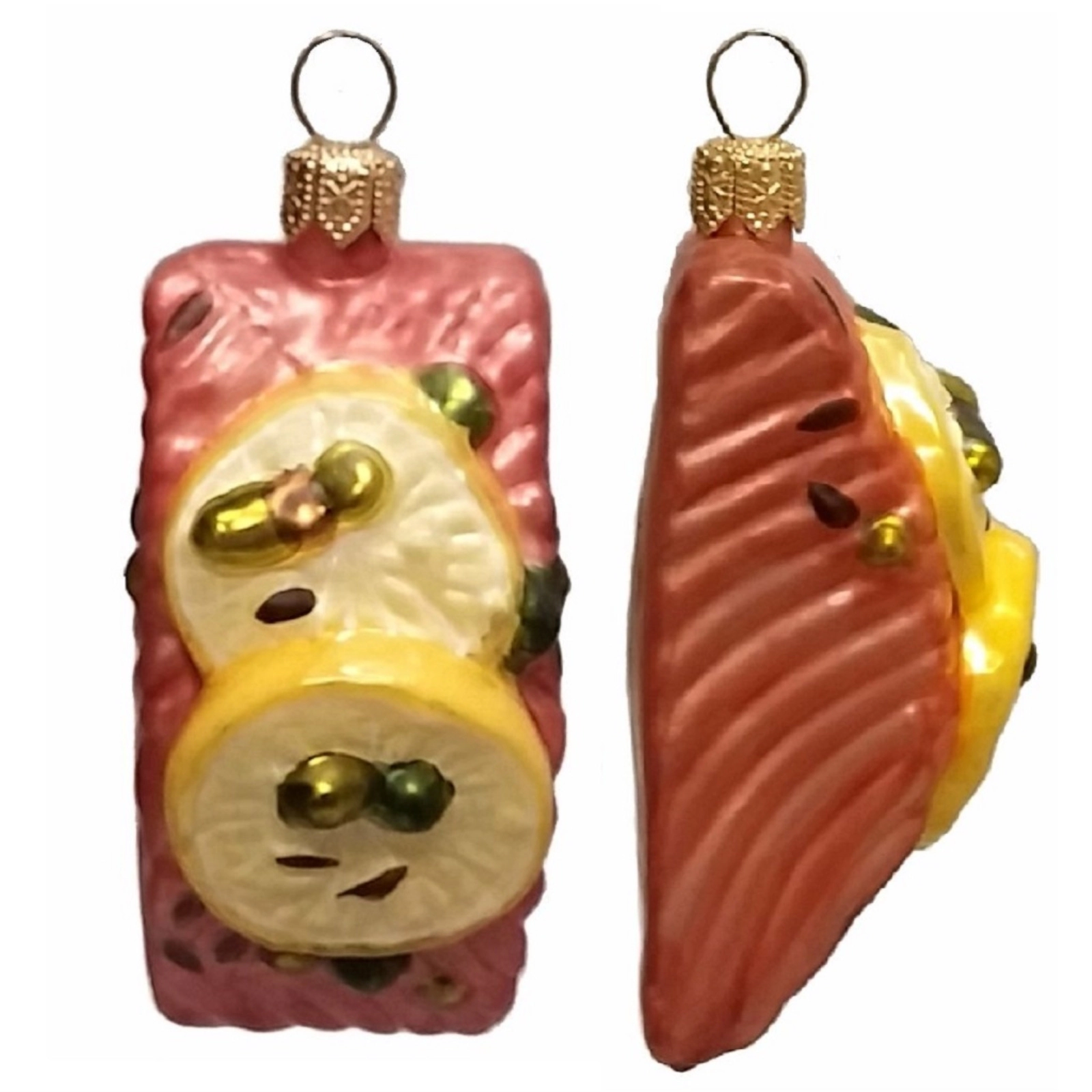 Pinnacle Peak Trading Company Slice of Salmon with Lemon Polish Glass Christmas Ornament Set of 2 Decorations