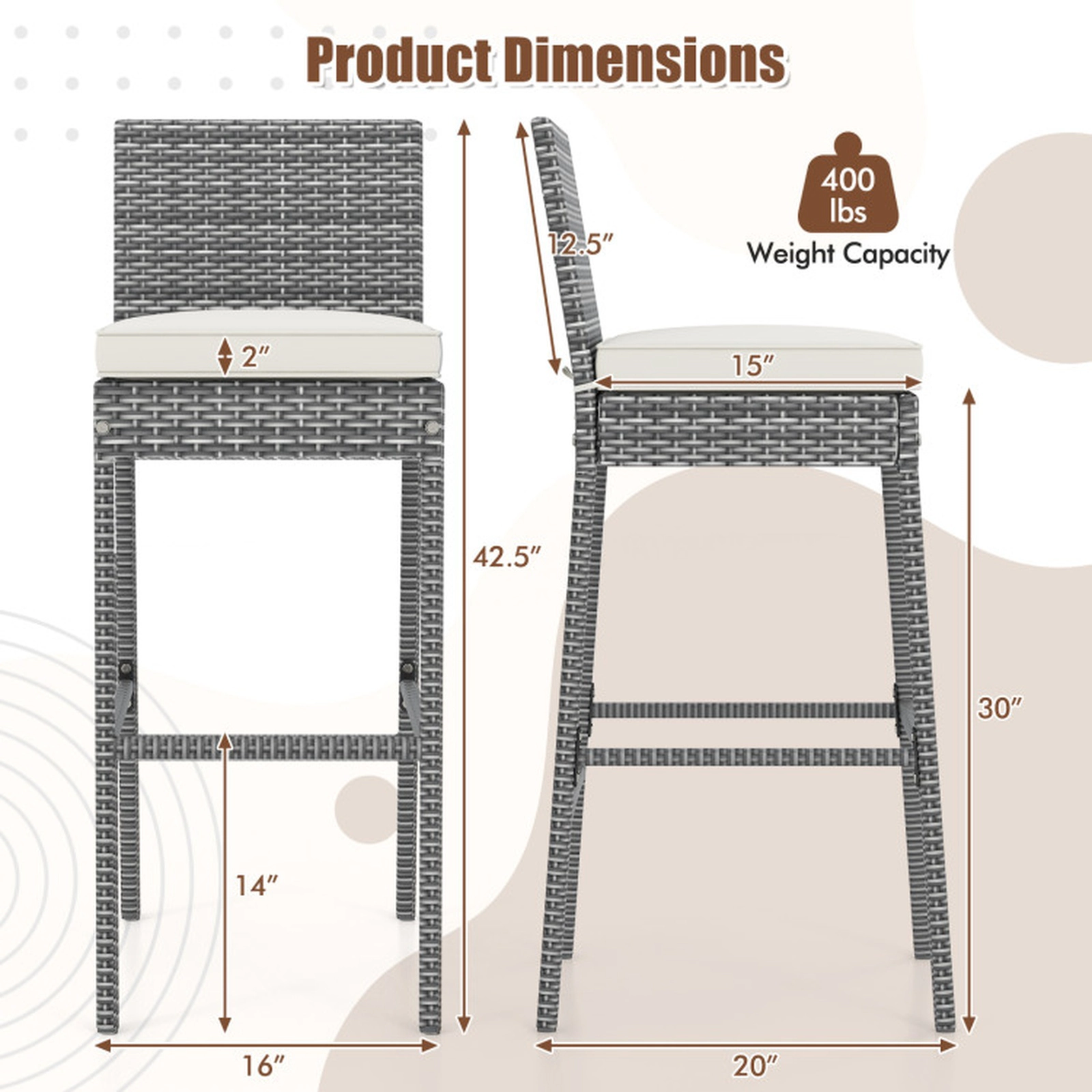 SUGIFT Set of 4 Gray Outdoor Bar Stools, 30-Inch Seat, PE Rattan Wicker, Cushioned Backrest and Footrest
