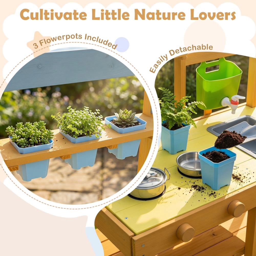 Hivvago Wooden Outdoor Mud Kitchen for Kids with Flowerpots and Wheels