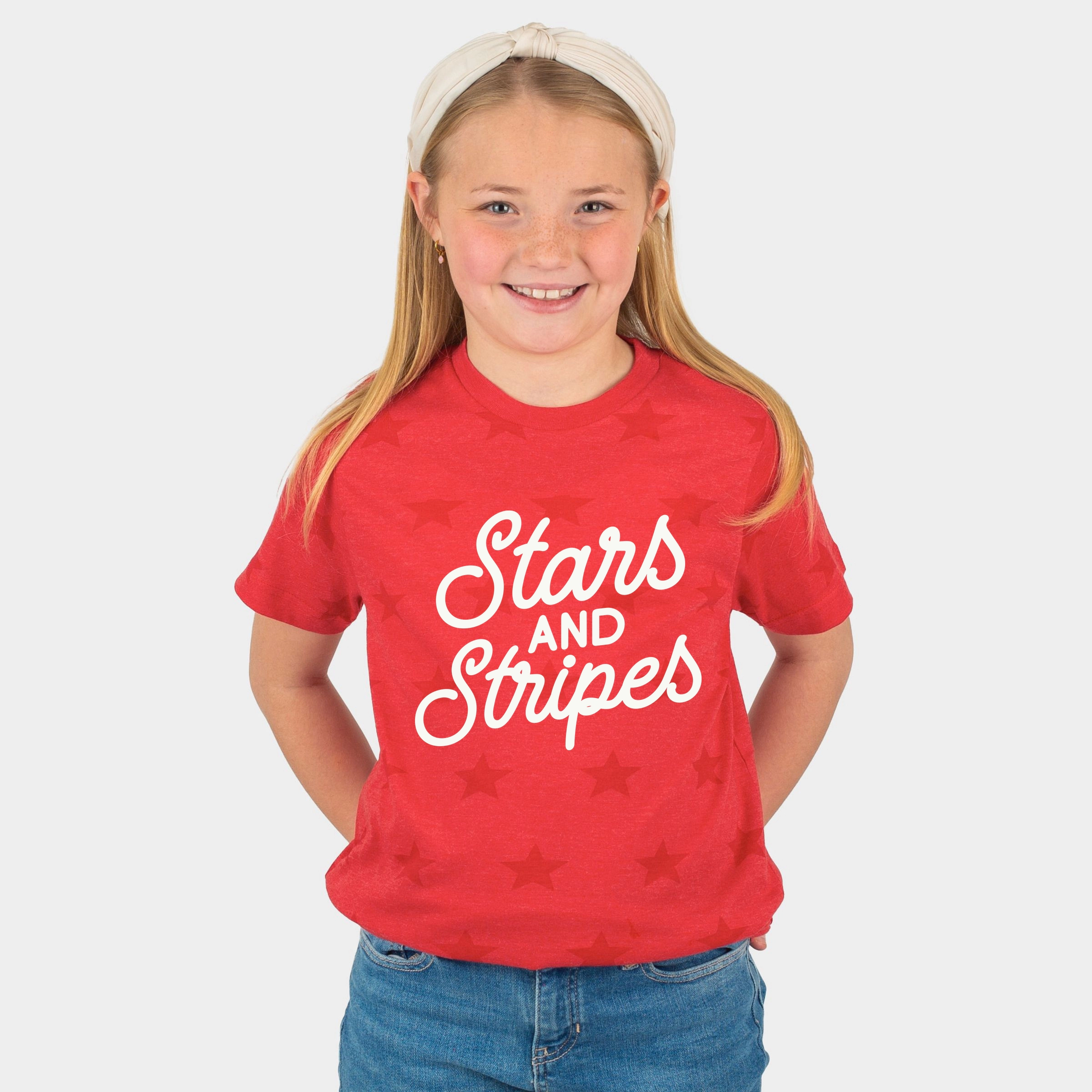 The Juniper Shop - Stars and Stripes Slanted Cursive Puff Print Youth Short Sleeve Star Tee