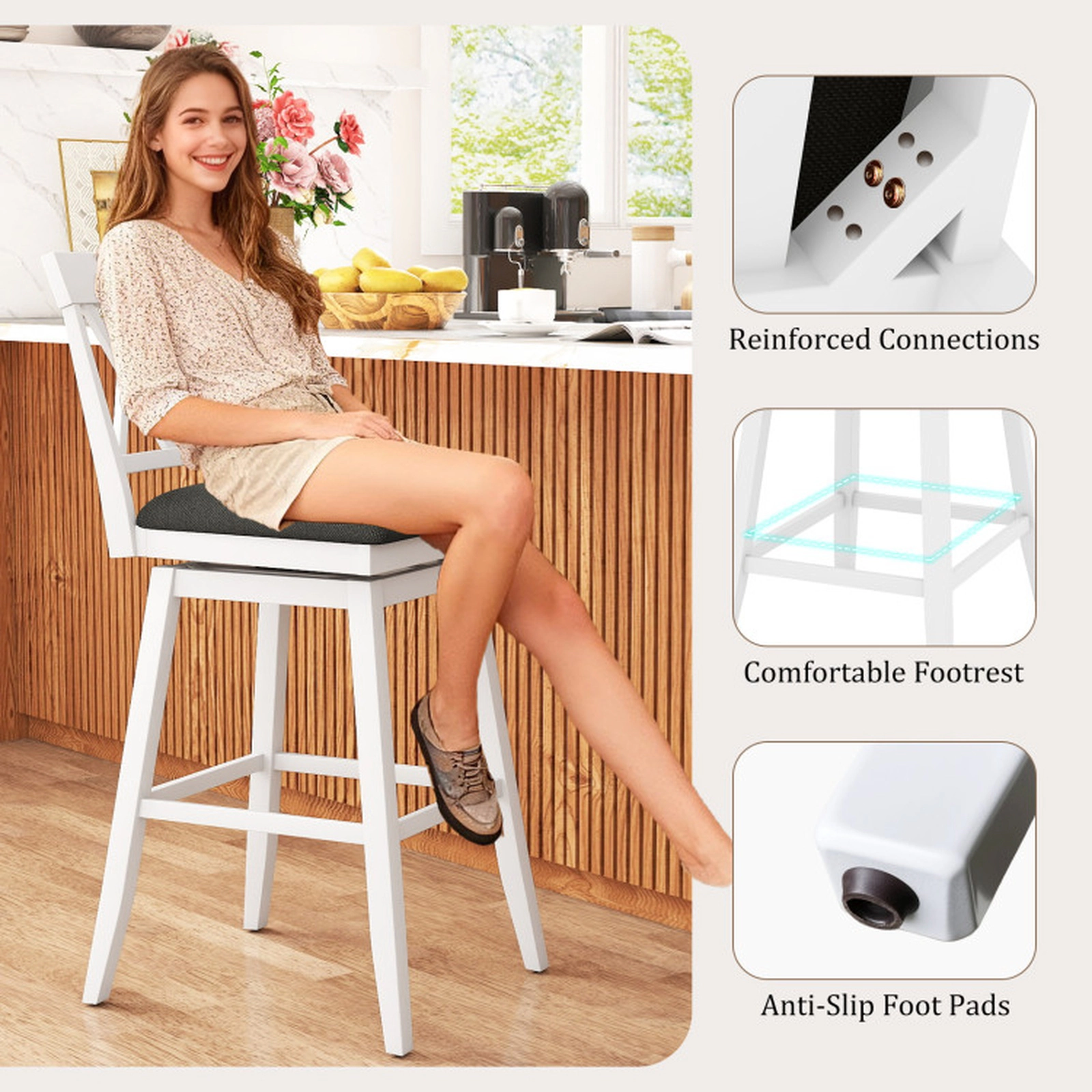 SUGIFT Set of 2 29-in Seat H X-Back Rubber Wood Frame and Linen Padded Seat 330-lb Rated Bar Stools White
