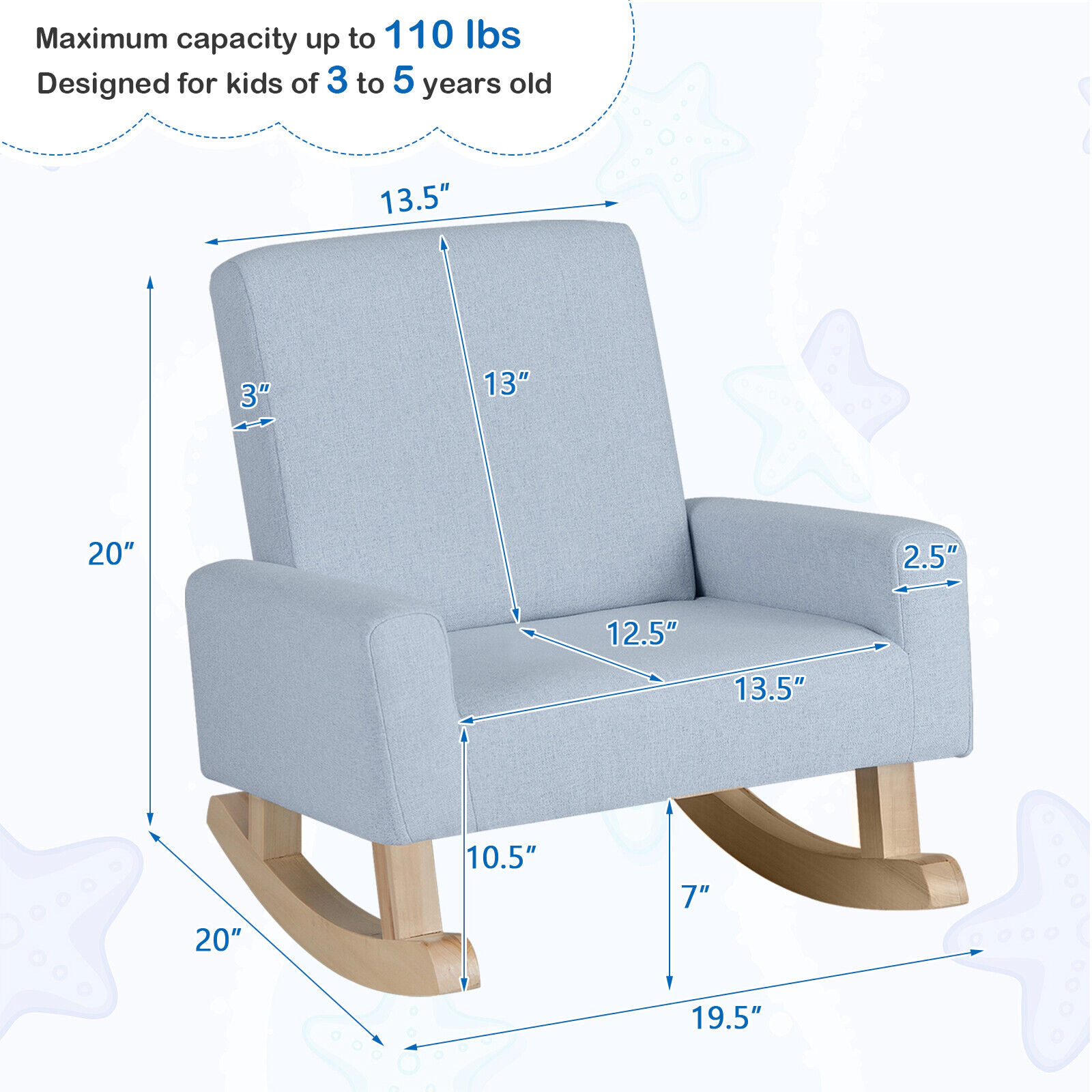 SUGIFT Gentle Rocking Kids Upholstered Chair with Solid Wood Legs 110-lb Capacity Ages 3-5 Blue