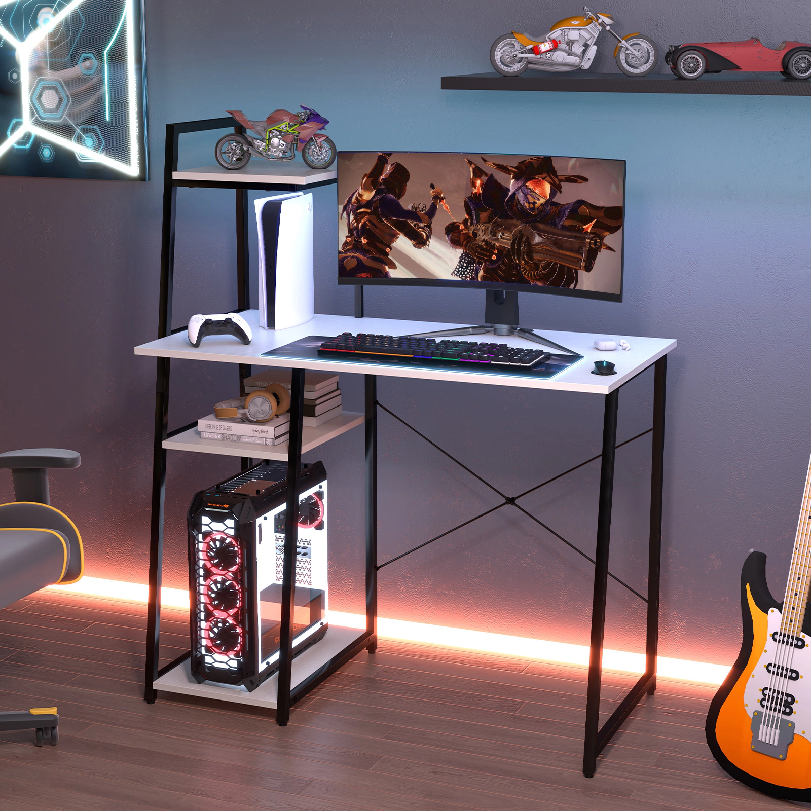 SUGIFT Compact Computer Desk Workstation with 4-Tier Shelves 155-lb Desktop Capacity White & Black