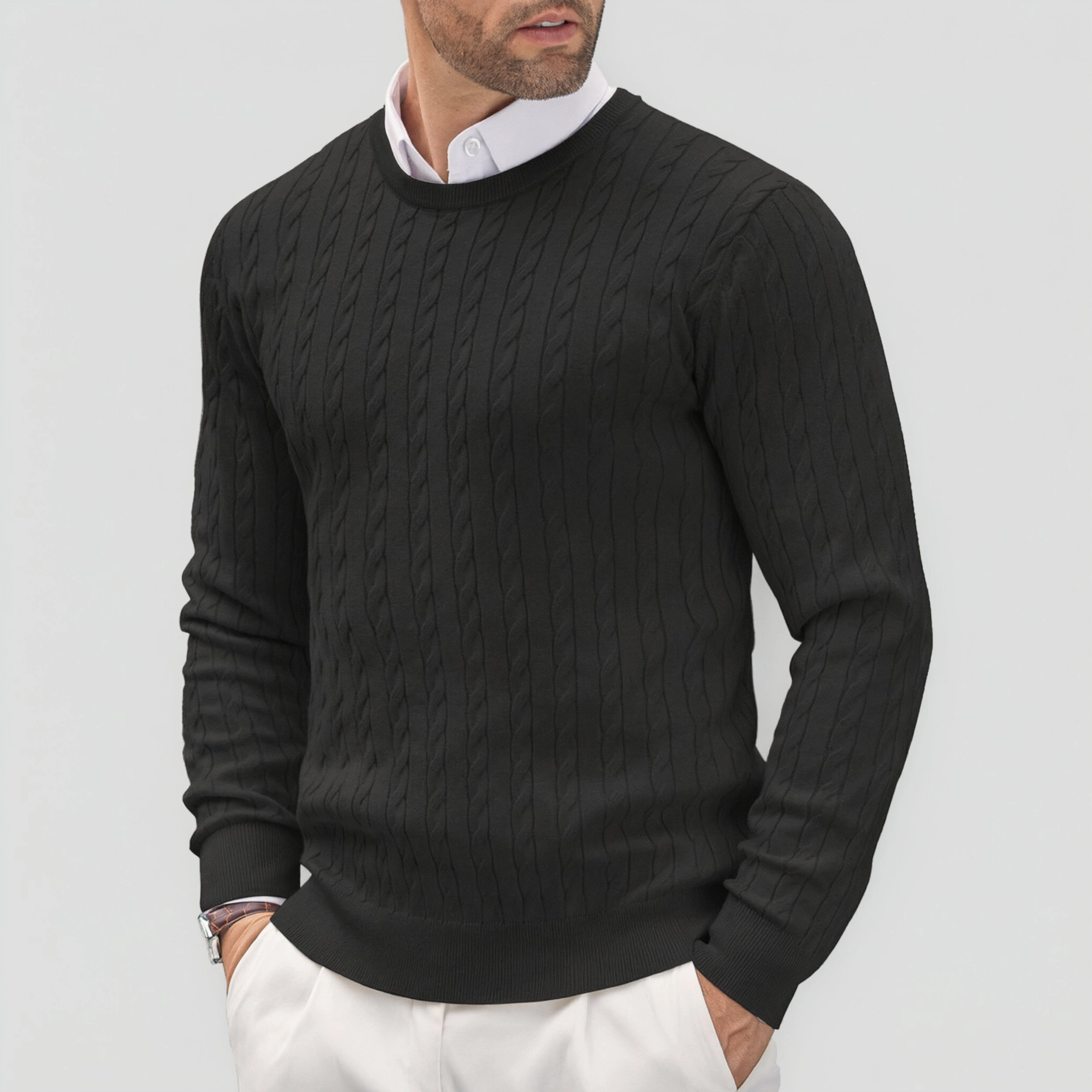 COOFANDY Mens Classic Long Sleeve Sweater Fall Crew Neck Cable Knit Casual Pullover