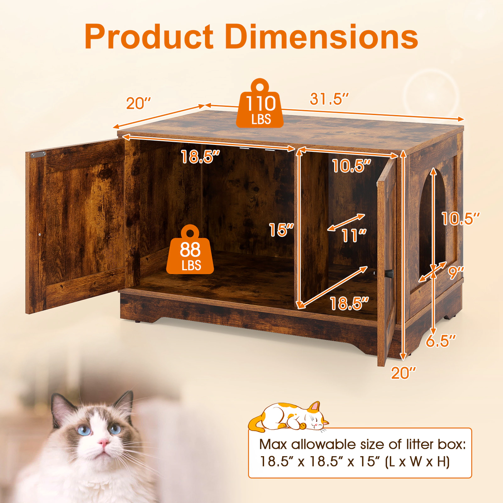 SUGIFT Cat Litter Box Enclosure Furniture Wooden Cat House Side Table 110-lb Tabletop Capacity 88-lb Interior Capacity