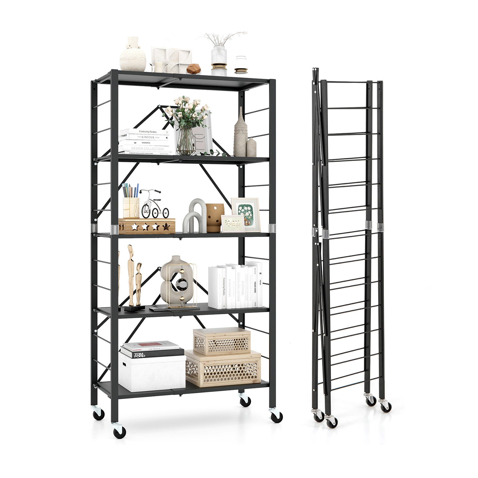 SUGIFT 5-Tier Black Foldable Storage Shelf with Wheels Expandable 19.5-in to 30-in for Garage and Kitchen