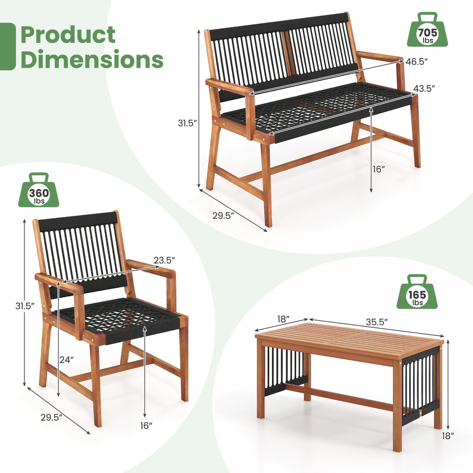 SUGIFT Natural Hand-Woven Rope Seats 4-Piece Acacia Wood Patio Conversation Set